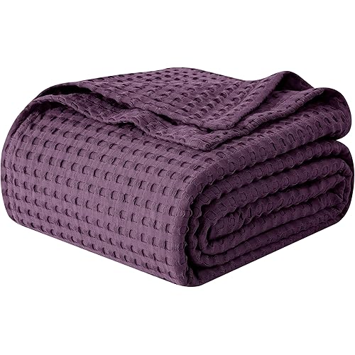 Elegant Comfort Premium 100% Cotton Waffle Blanket - Lightweight Breathable Waffle Weave Bed Blanket - Soft and Warm All Season Blanket for Couch, Sofa and Bed, TwinXL Size 68x90 Inches, Purple