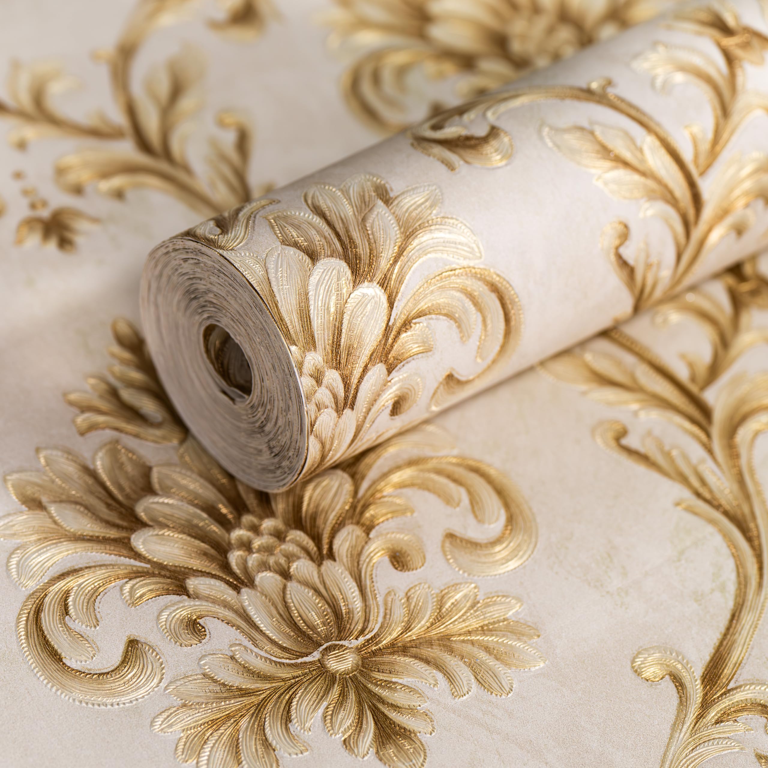 wolpin Wallpaper Non-Woven Non-Adhesive 53 cm x 9.5m (±3%) Baroque Floral Damask Design with Texture Beige and Gold 54.18 sq ft (B0DBF4VRT3) Amazon Price History, Amazon Price Tracker