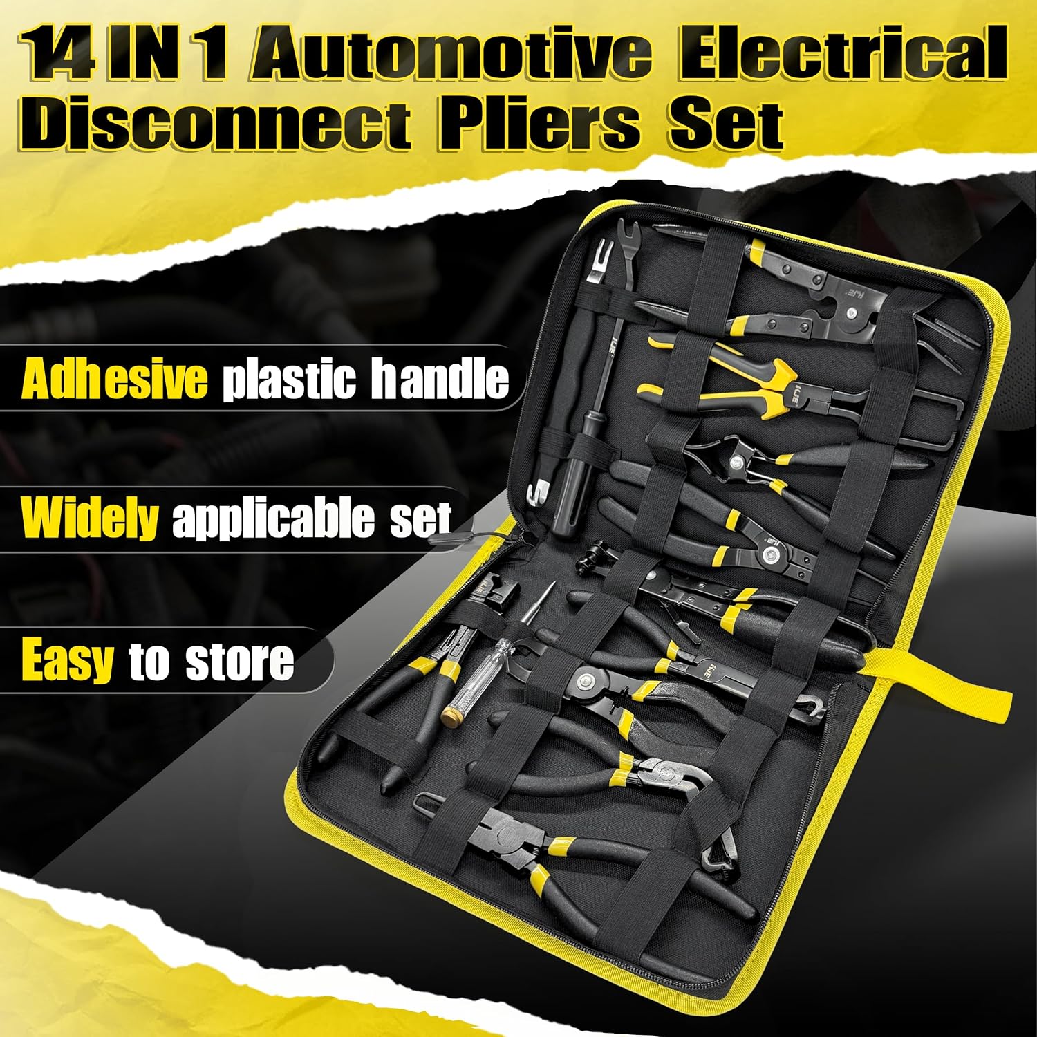 KJE 14PCS Automotive Electrical Disconnect Pliers Kit, Fuel Filter Caliper, Hose Clamp Plier, Electrical Connector Removal Tool, Panel Clip Remover, with Storage Bag