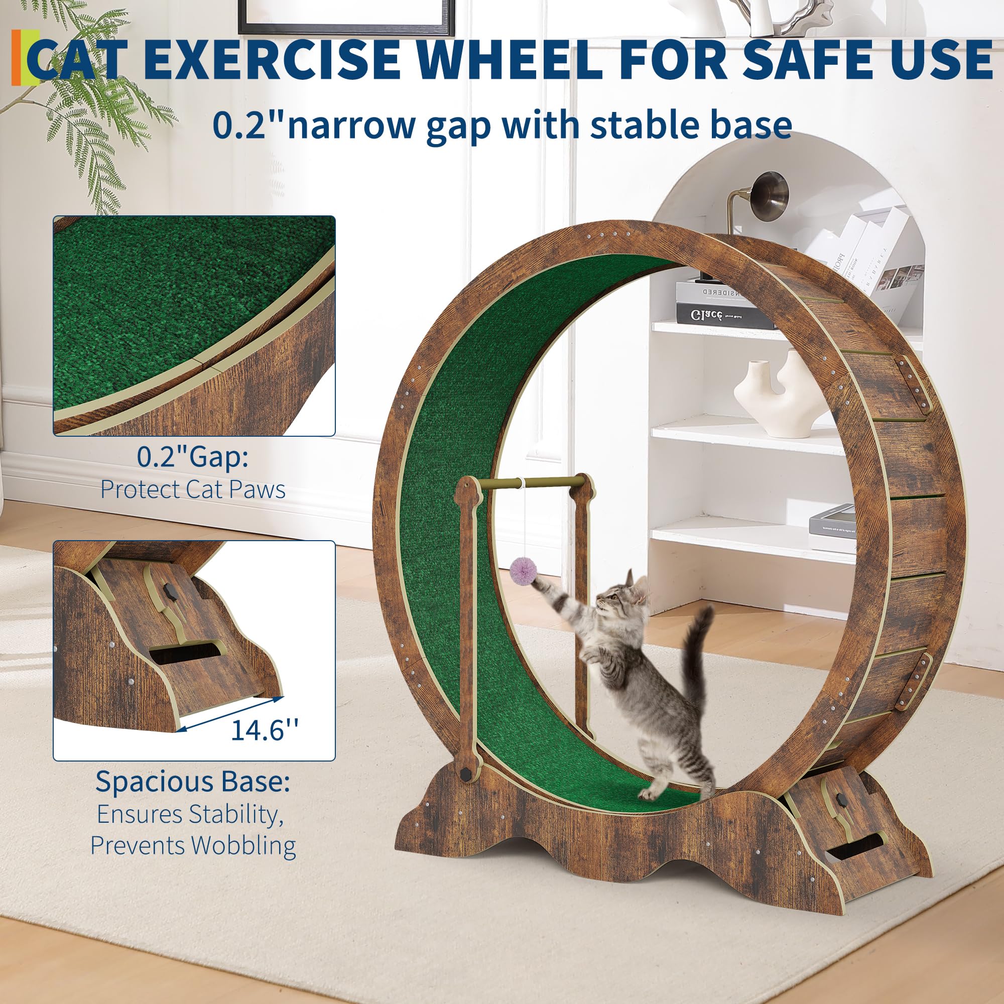 GarveeTech Roue d'exercice pour chat 115 cm pour chats d'intérieur – Tapis de course avec tapis amovible, verrouillage de sécurité et balle de jeu – Roue en bois pour toutes les tailles de chats pour