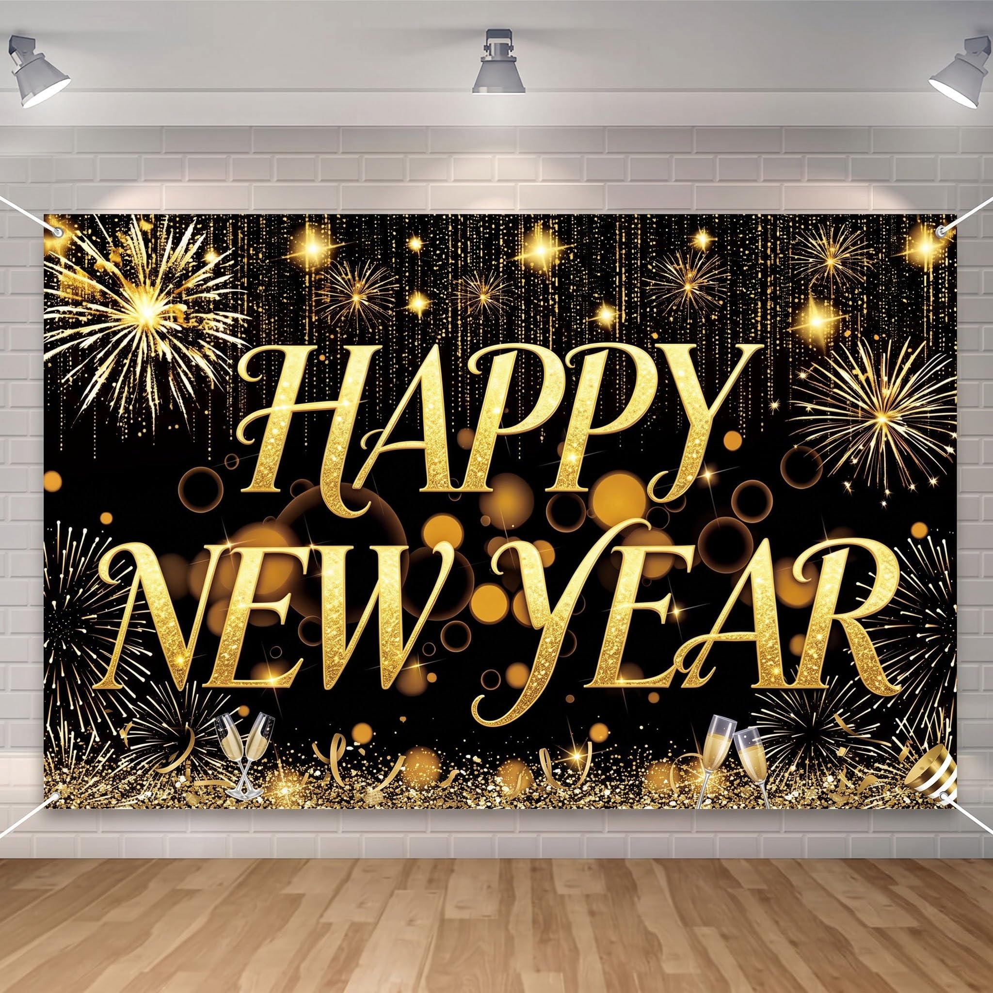 Seutgjie Happy New Year Banner Backdrop 71 * 43 Inch Black Gold