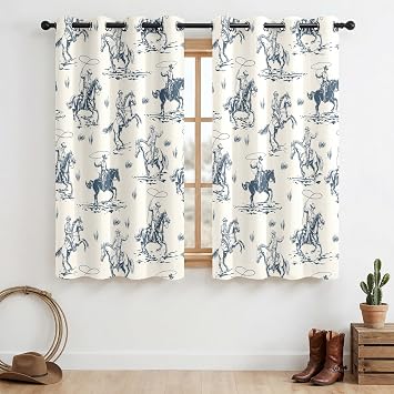 Western Cowboy Blackout Curtains 100% Blackout Rustic Western Rodeo & Cowboy Design, Thermal Insulated Noise Reducing for Bedroom, Living Room & Man Cave Vintage Lasso Riders, W52xL63, 2 Panels