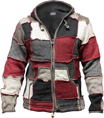 Shopoholic Fashion Mens Pixie Red Wool Patchwork Hippy Jacket