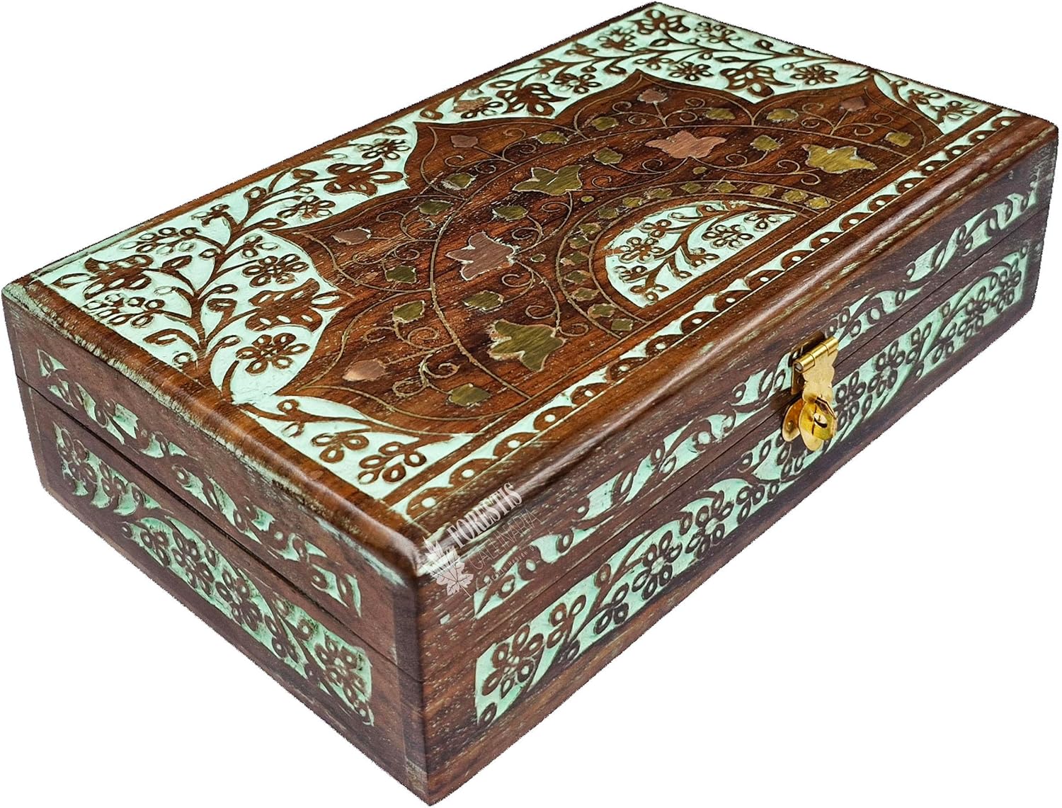 Handmade Decorative Wooden Jewelry Box, Kit, Vanity,Trinket, Organizer For, Ladies, Men, Women, Gold, Cash,Multipurpose Keepsake, Gift Item (10x6 Inches, Crown Greenish-Blue)