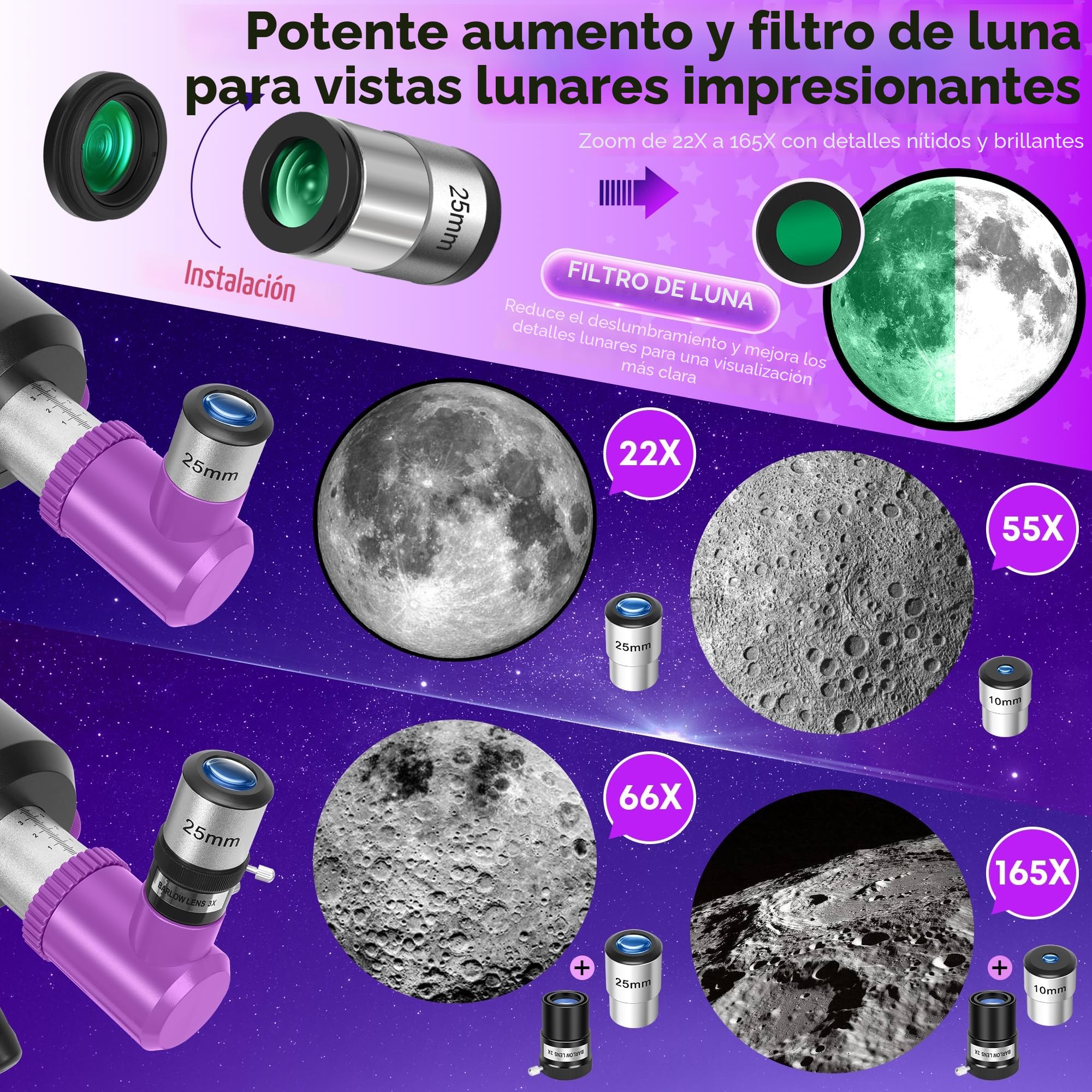 Telescopio Astronómico Profesional para Adultos y Niños Principiantes, 90/550 mm Telescopio Refractor Portátil con Trípode Ajustable, Filtro Lunar, Adaptador Teléfono y Bolsa de Transporte