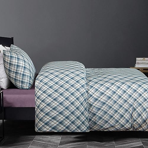 Miniatura 3 de NTBAY Juego de funda de edredón de algodón lavado, 3 piezas, transpirable, a cuadros, tamaño Queen, azul a cuadros