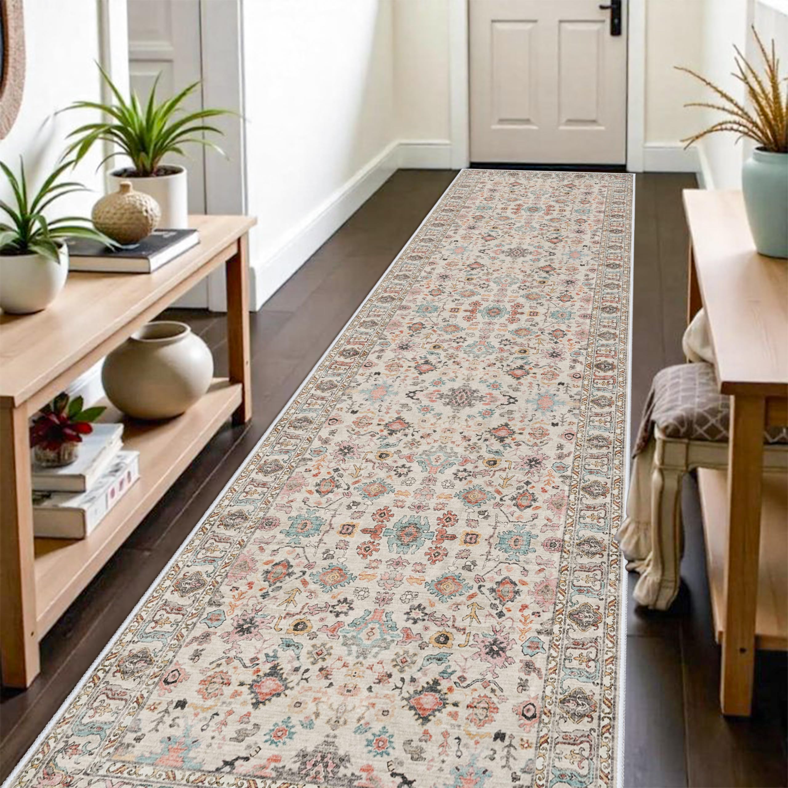 Hallway 3x12 Runner Rug: Non Slip Runner Rugs with Rubber Backing Floral Soft Kitchen Rug Farmhouse Distressed Carpet Runner for Living Room Bedroom Bathroom (Beige/Colorful, 3X12)