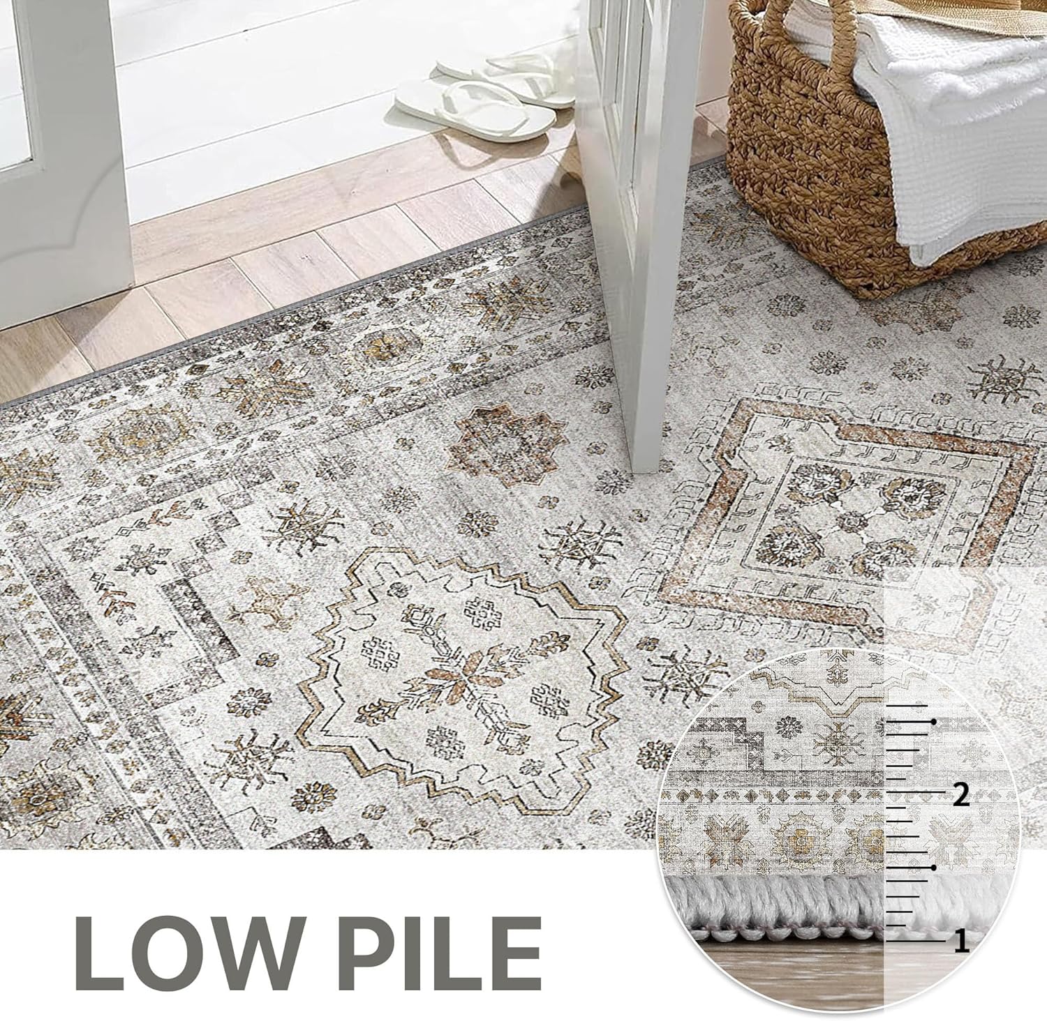 GENIMO 9x12 Area Rugs for Living Room, Machine Washable Low Pile Rugs, Non Slip Vintage Rug for Bedroom, Dining Room, Home Office, Kitchen, Ash