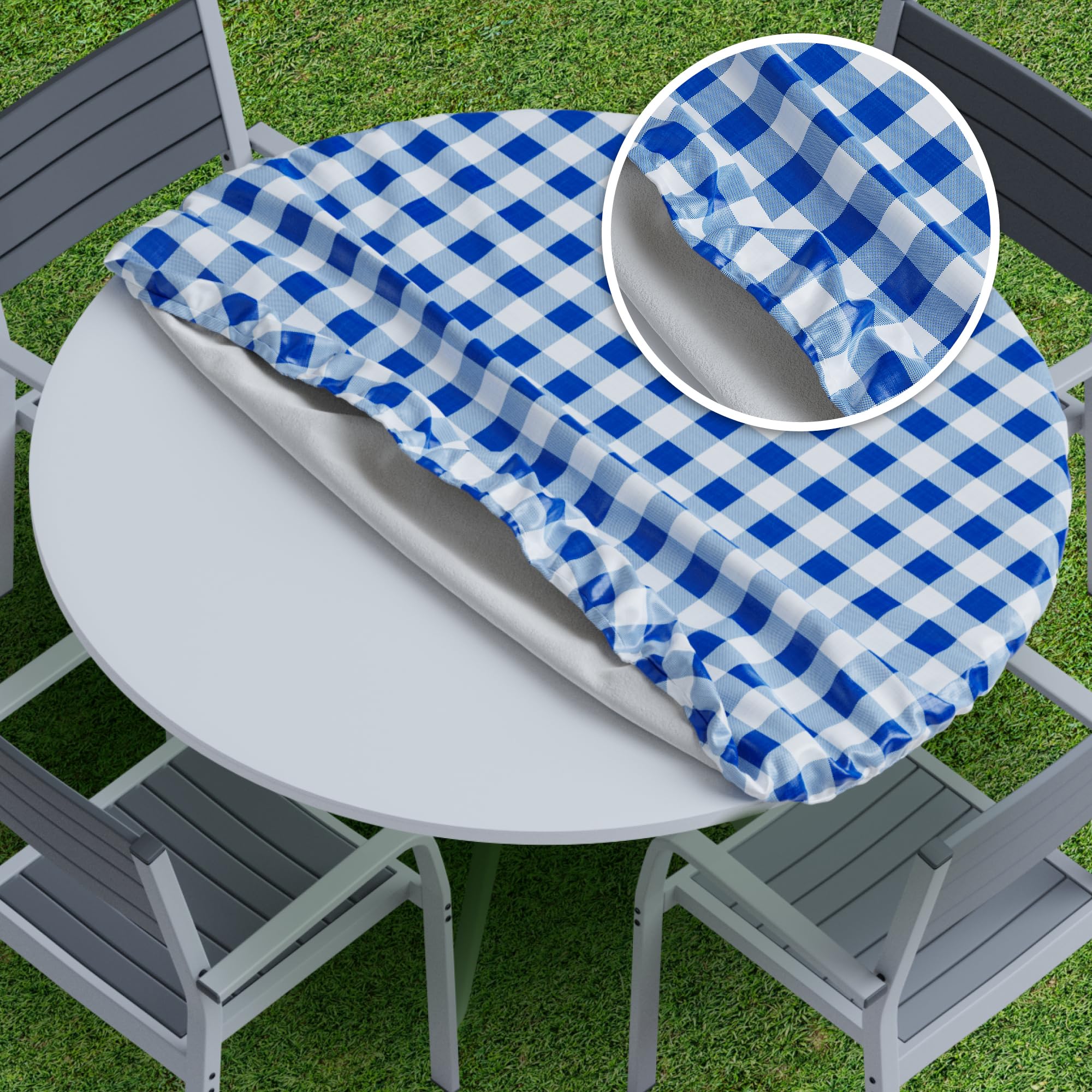 sorfey vinyl fitted tablecloth cover, checke design, flannel backed lining fits up-to 42-54 round tables blue