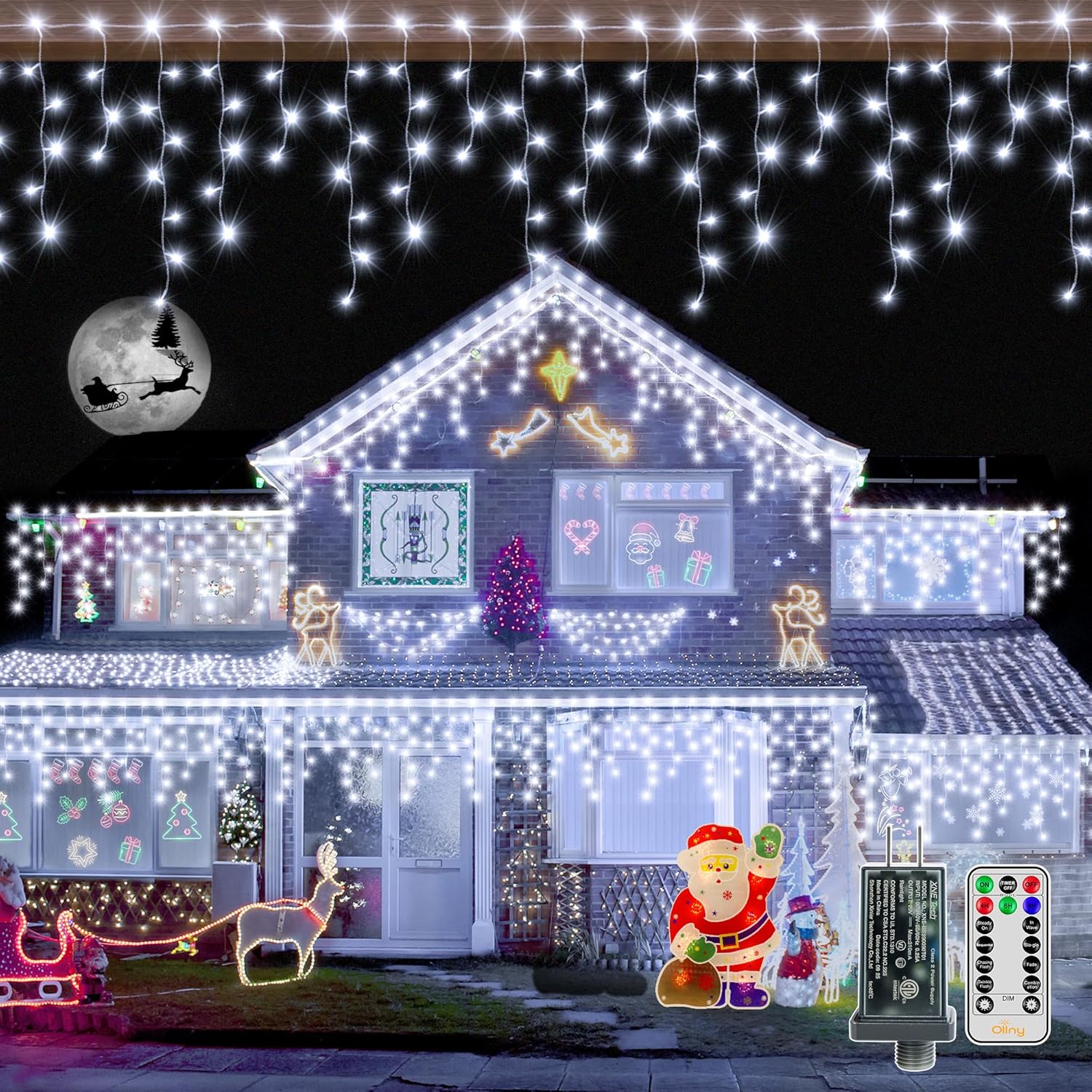 Ollny Icicle Lights 720LED 60FT, Cool White Christmas Lights with Remote 8 Modes Dimmable, Waterproof Connectable Timer Hanging Light for House Outdoor Outside Yard Indoor Decorations Ollny Icicle Lights 720LED 60FT, Cool White Christmas Lights with Remote 8 Modes Dimmable, Waterproof Connectable Timer Hanging Light for House Outdoor Outside Yard Indoor Decorations