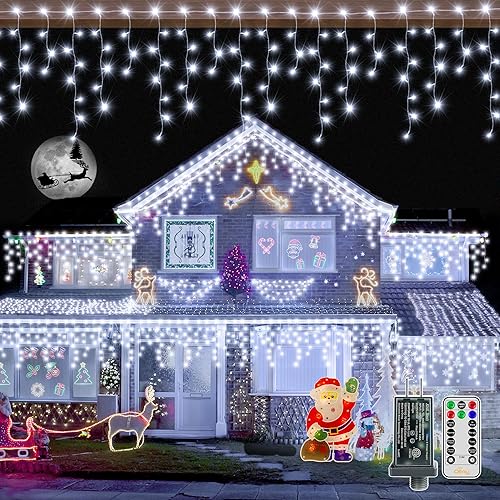 Ollny Luces de carámbano para exteriores, 720 LED de 60 pies, luces de Navidad blancas frías con control remoto, 8 modos regulables, temporizador