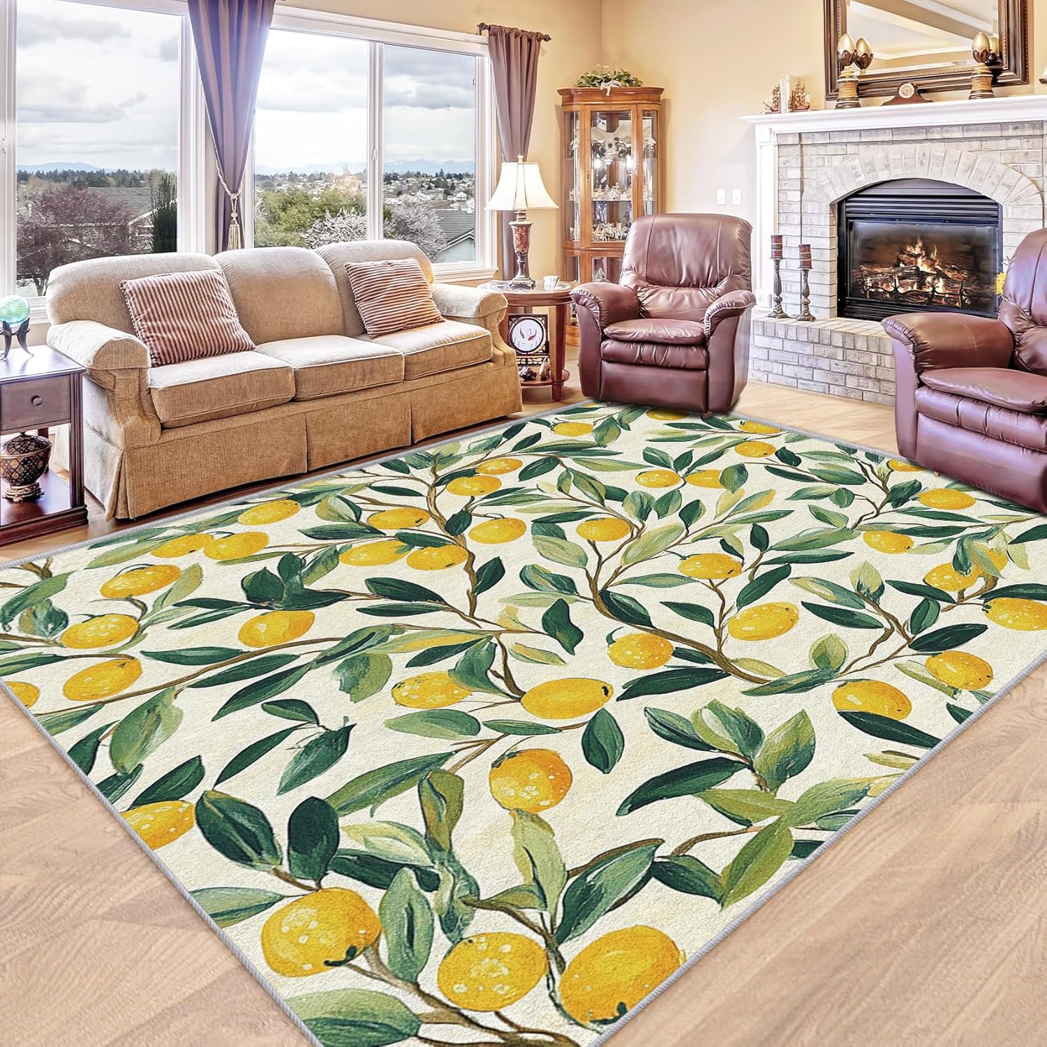 Tropical Lemon Throw Rug 2x3, Washable Yellow Fruit Rugs for Entryway Bedroom Kitchen, Farmhouse Area Rug for Home Decor, Non Slip Backing Indoor Floor Mat Carpet - 2 x 3 ft