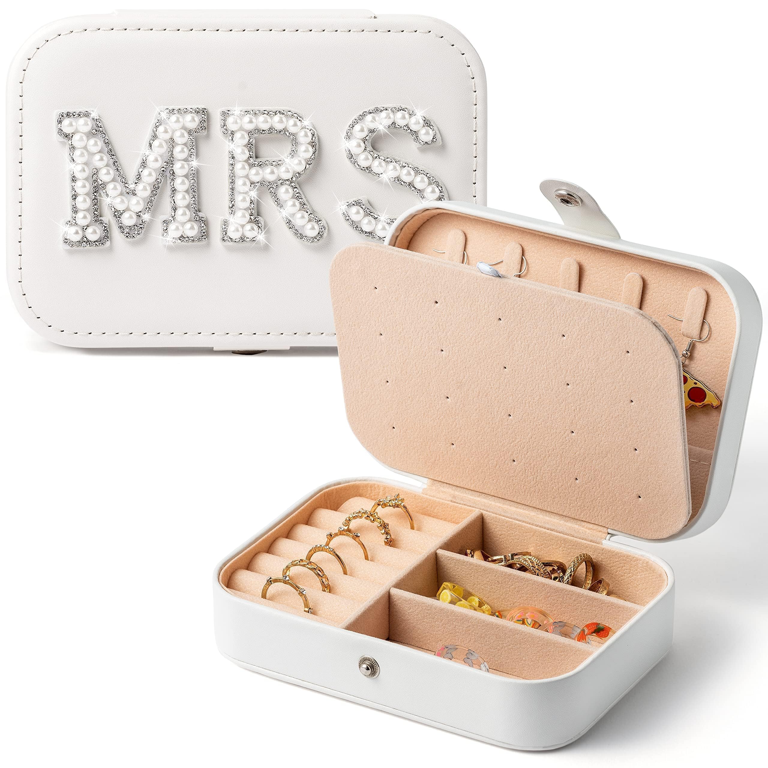 MRS Travel Jewelry Box for Christmas Gift Bride Travel Portable Jewelry Case Small Jewelry Organizer Travel Accessories for Women, Bridal Shower Gift Engagement Present, White