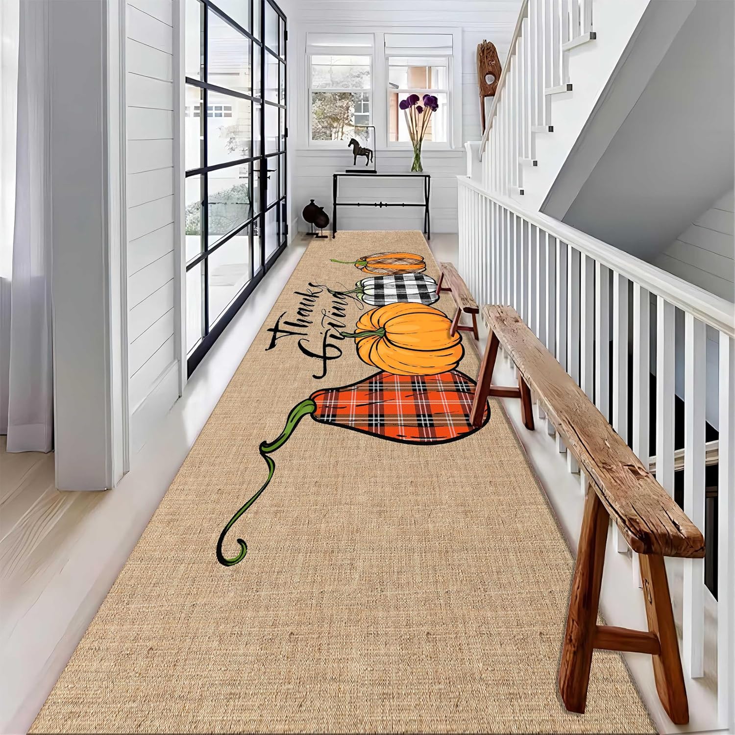 Happy Thanksgiving Day Long Hallway Rug Runners, 1.3x7ft, Orange Plaid Farmhouse Pumpkin Dining Room Rugs for Under Table, Pet Friendly Low Pile Absorbent Carpet for Living Room Indoor