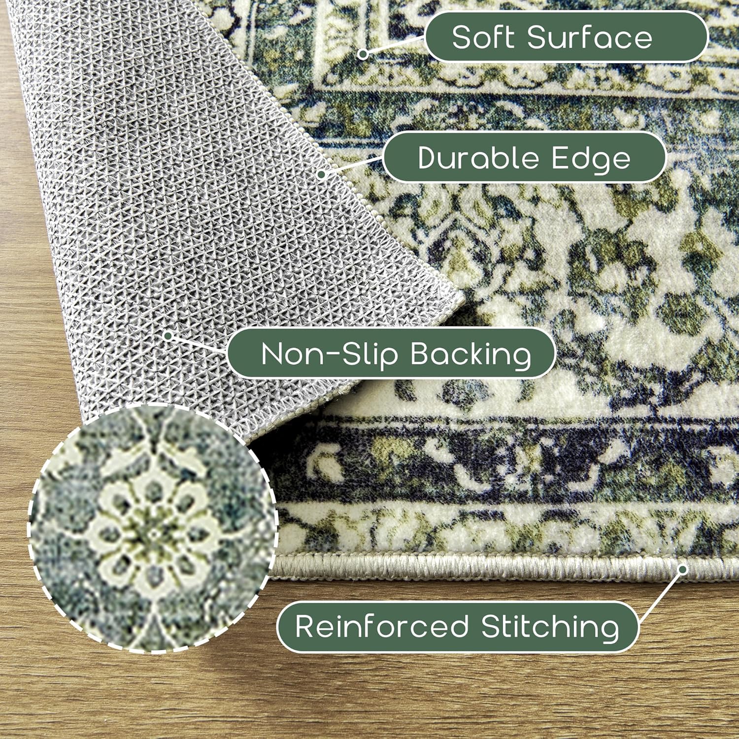 Green Washable Bathroom Hallway Runner Rug with Rubber Backing Non Slip Vintage Boho Floral Long Runners Rugs for Entryway Indoor Laundry Room Bath Floor Kitchen,2x6,24x72 Inch,Dark Emerald