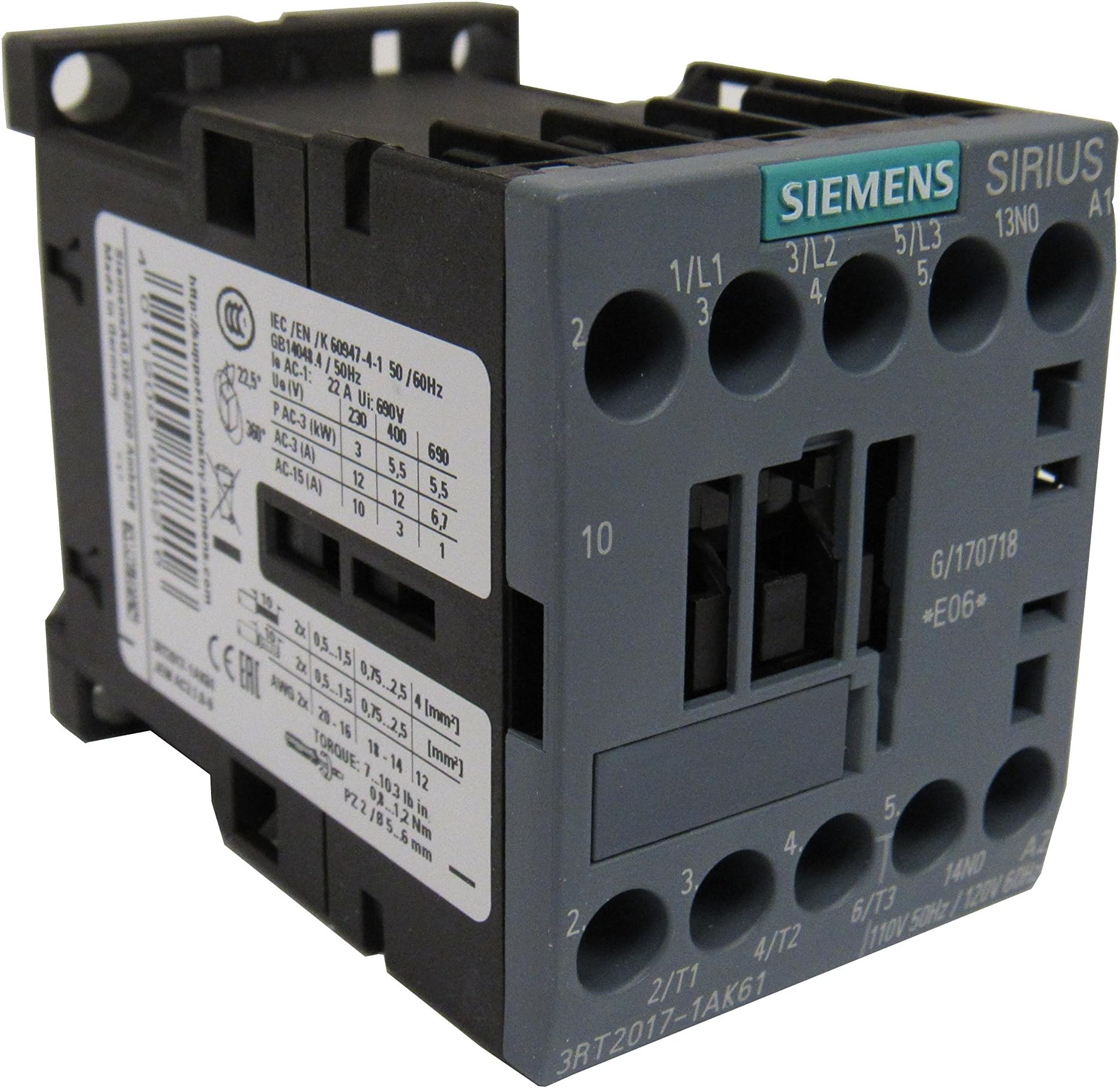 SIEMENS3RT2017-1AK61 Sirius 3 Pole 12 AMP 120 Volt AC CONTACTOR, 1 N.O. Auxiliary Contact