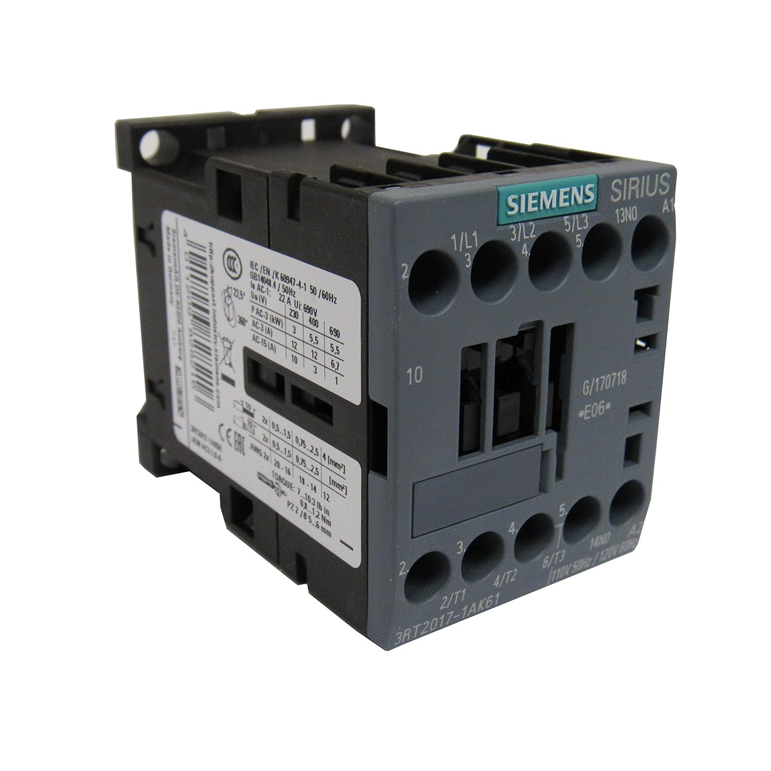 SIEMENS 3RT2017-1AK61 Sirius 3 Pole 12 AMP 120 Volt AC CONTACTOR, 1 N.O. Auxiliary Contact