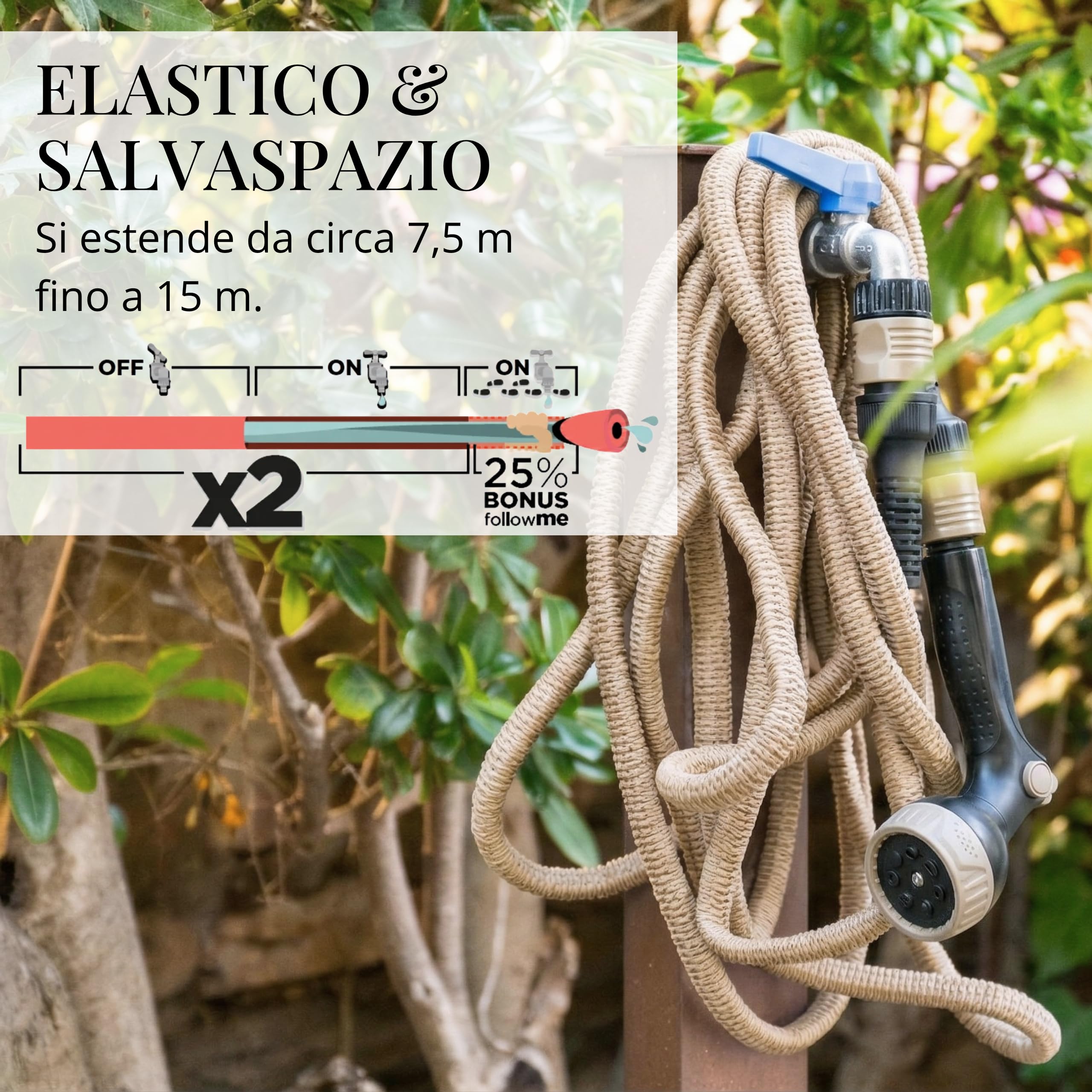 LIVLIG Tubo flessibile 15 m Made in Italy – tubo espandibile 1/2" con raccordi e doccetta multifunzione – Beige