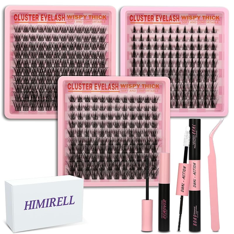 Kit de cílios postiços em tufos Himirell com 3 estilos, curvatura C, cola Bond & Seal, pinça e removedor