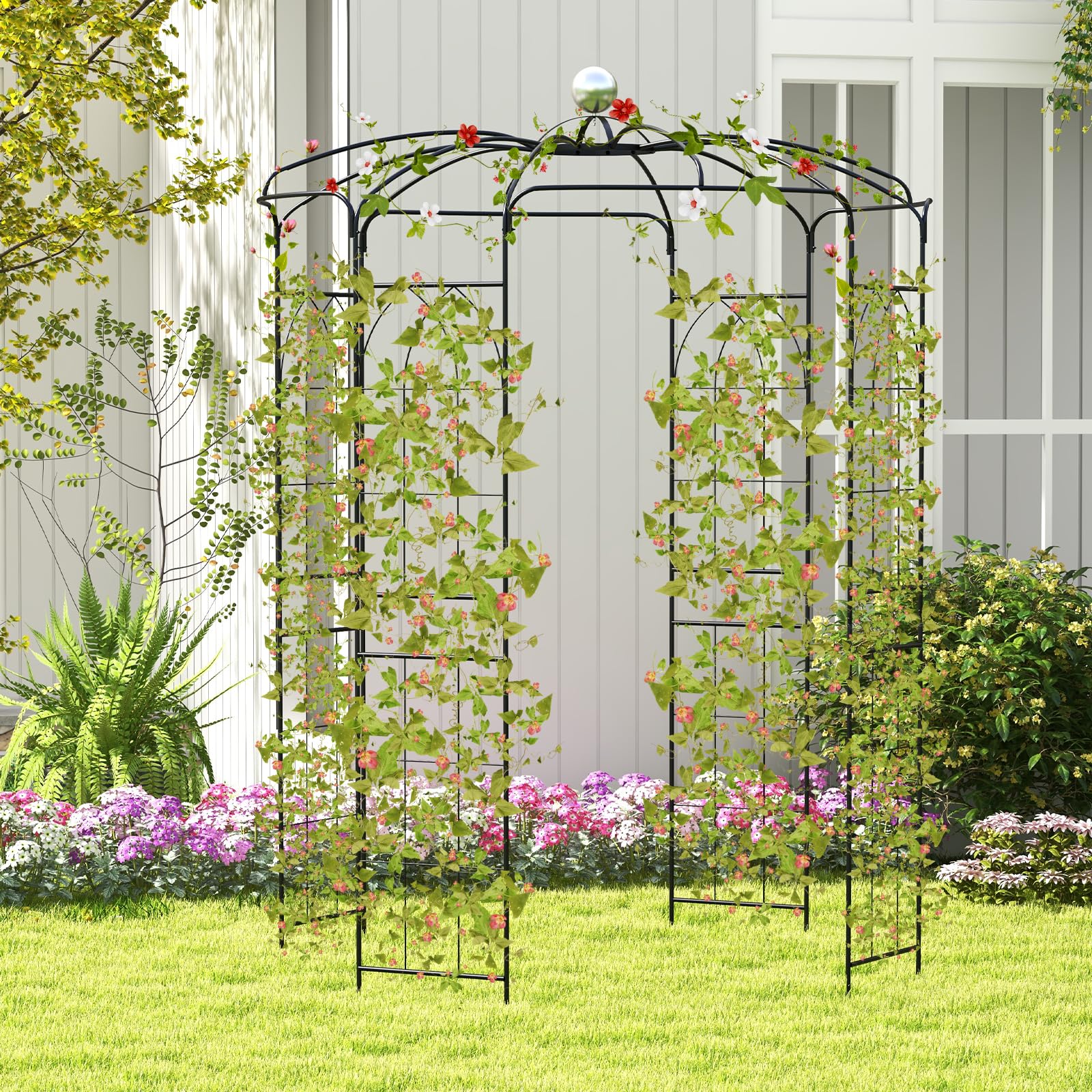 HOMASIS Pergolato da Giardino a Forma di Gabbia per Uccelli, Arco da Giardino in Metallo, Traliccio con Tettoia e 4 Lati per Piante Rampicanti, Pergola da Giardino per Matrimoni, Nero (198 x 284 cm)