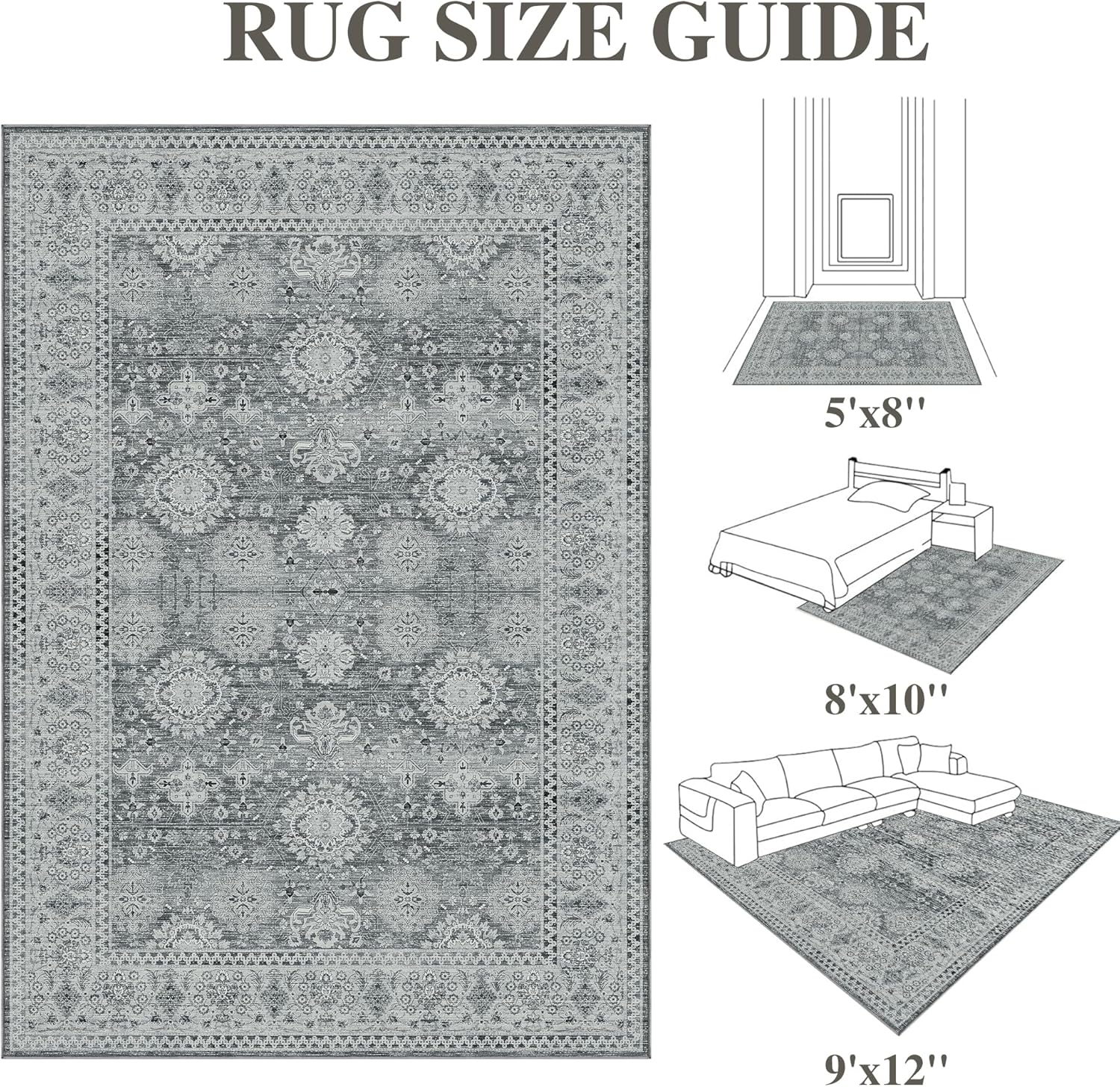 EOGOW Washable Rugs 8x10 Area Rug for Living Room,Vintage Boho Rug for Bedroom,Office,Dining Room,Kids Room, Farmhouse. Non Slip, Stain Resistant Printed Carpet