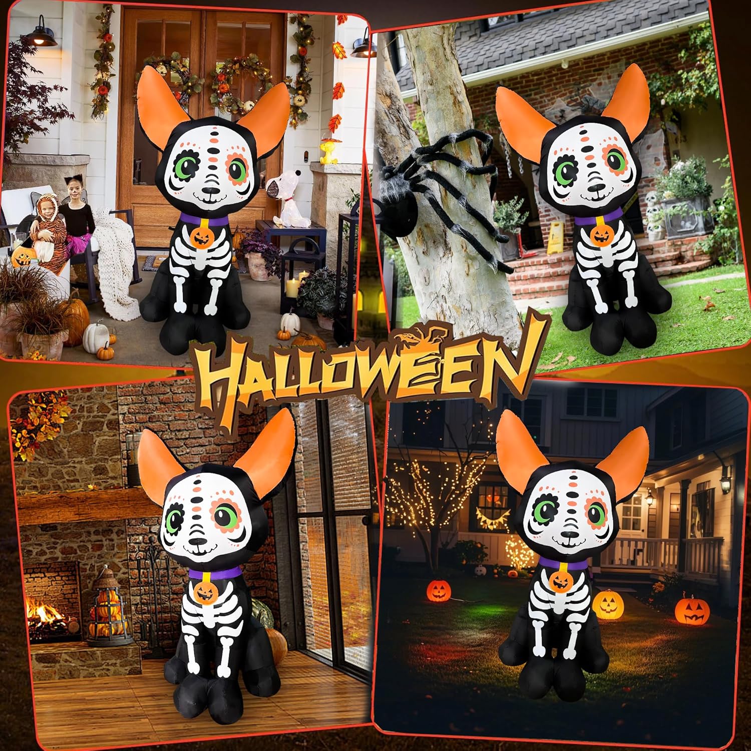 5 Ft Halloween Inflatables Skeleton Dog Decoration, Halloween Blow Ups Build-in LED Lights Halloween Inflatable Outdoor Decoration for Holiday Party Garden Lawn