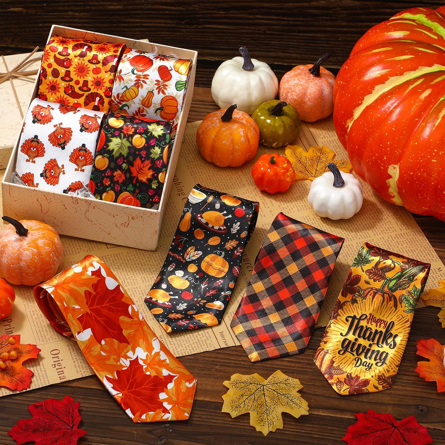 Vicenpal 8 Pcs Thanksgiving Ties for Men Women Boy Fall Funny Orange Holiday Necktie for Autumn Maple Leaves Pumpkins Decoration Fall Thanksgiving Family Party Costume Gift