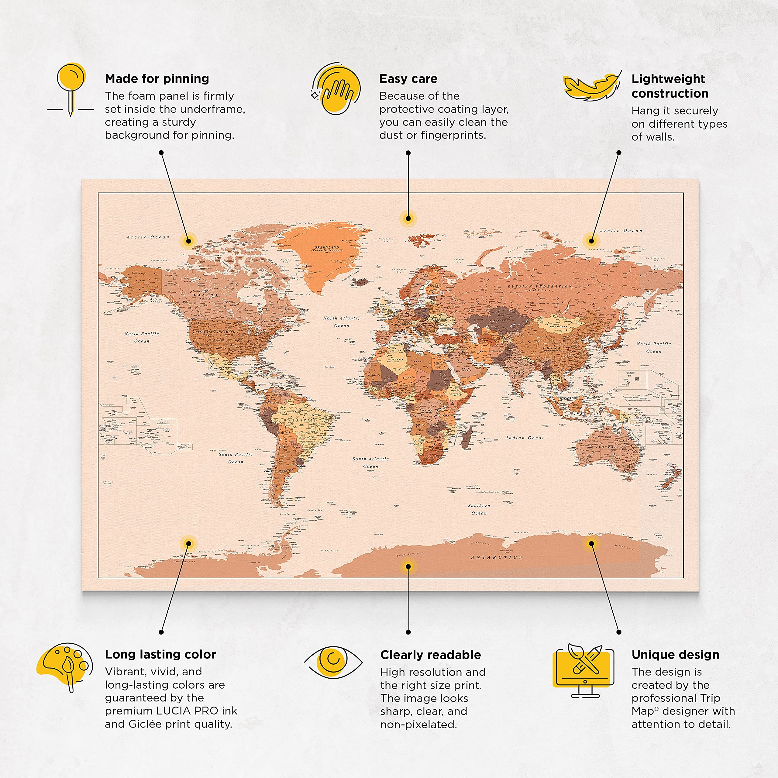 Trip Map Planisfero da Parete – Mappa del mondo - Quadro su tela incorniciato con 100 puntine incluse – Cartina geografica mondo in Marrone - 100x70 / 120x80 / 150x100 cm dimensioni