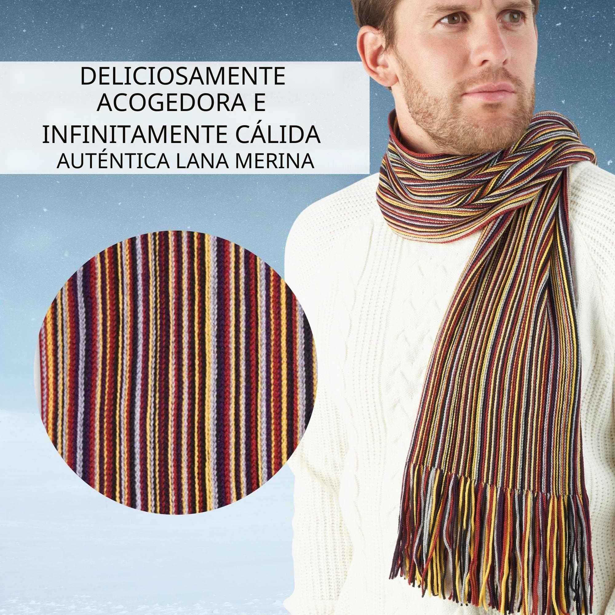 Bufanda de Hombre en Lana Merino Extra Fina - de Rayas para Invierno