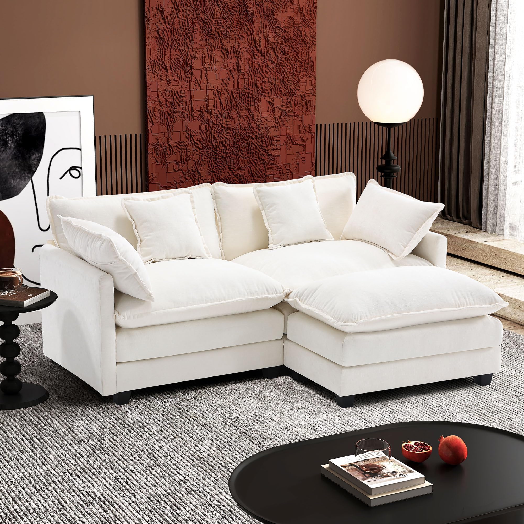 Ihanherry 77" L Shaped Modern Sofa Modular Sectional Cloud Couch with Ottoman, 3-Seat Chenille Deep Seat Sofa with Pillow for Living Room, Bedroom and Apartment, Beige