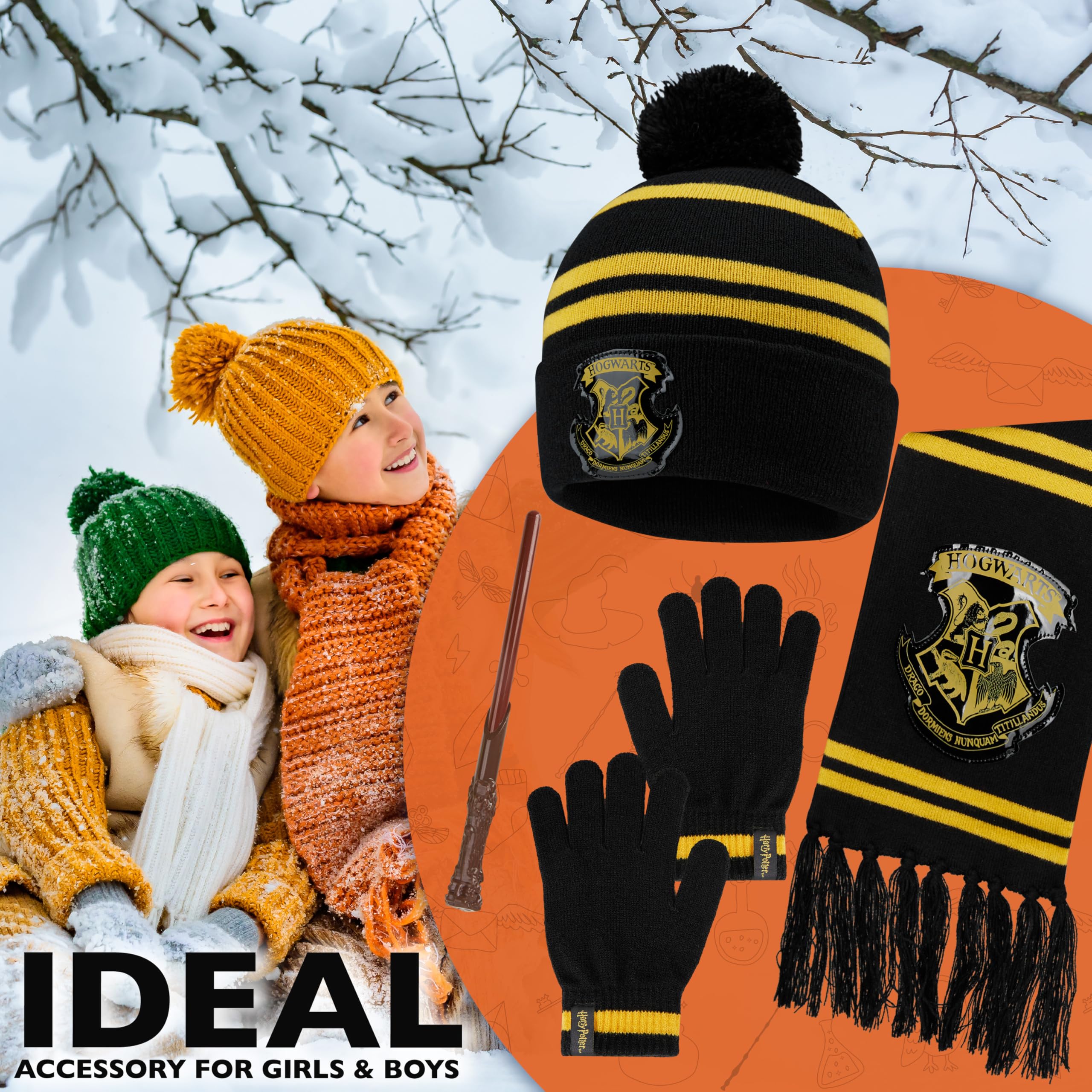 Harry Potter Ensemble Enfant Hiver 4 Pièces, Écharpe Bonnet avec Pompon Gants Stylo Baguette, Cadeau pour Fille Garçons Fans