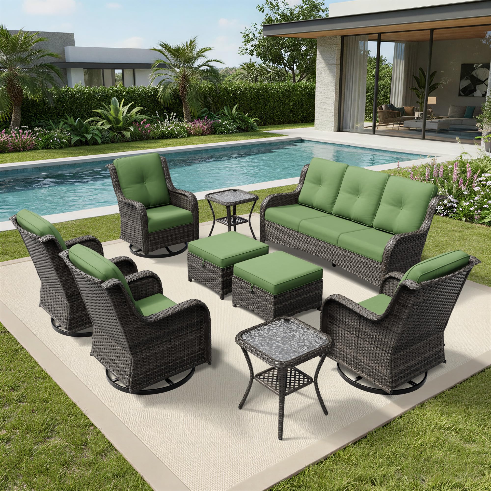 Joyside 9 Piece Wicker Patio Furniture Set, Outdoor Swivel Rocker Patio Chairs with High Back, Deep Seating, Wide Armrest, Thickened Cushions, Outdoor Furniture for Deck, Porch Use