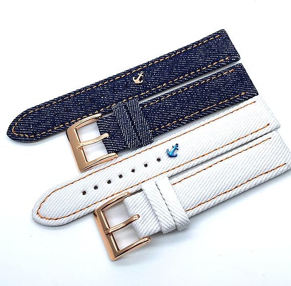 Amazon チャーム付き ダニエルウェリントン 等にも使える デニム本革ベルト ブルー ホワイト ローズゴールドバックル 18mm mm ホワイト 時計バンド 腕時計 通販