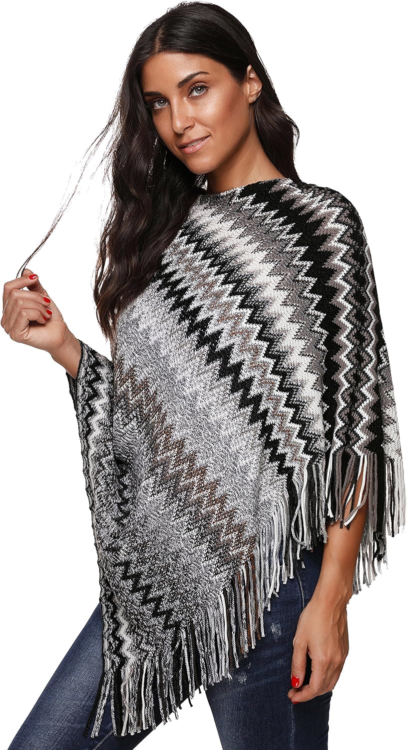 SherryDC Women's Zig-Zag Knit Tassel Fringed Pullover Poncho Sweater Cape Shawl Wrap - Image 3