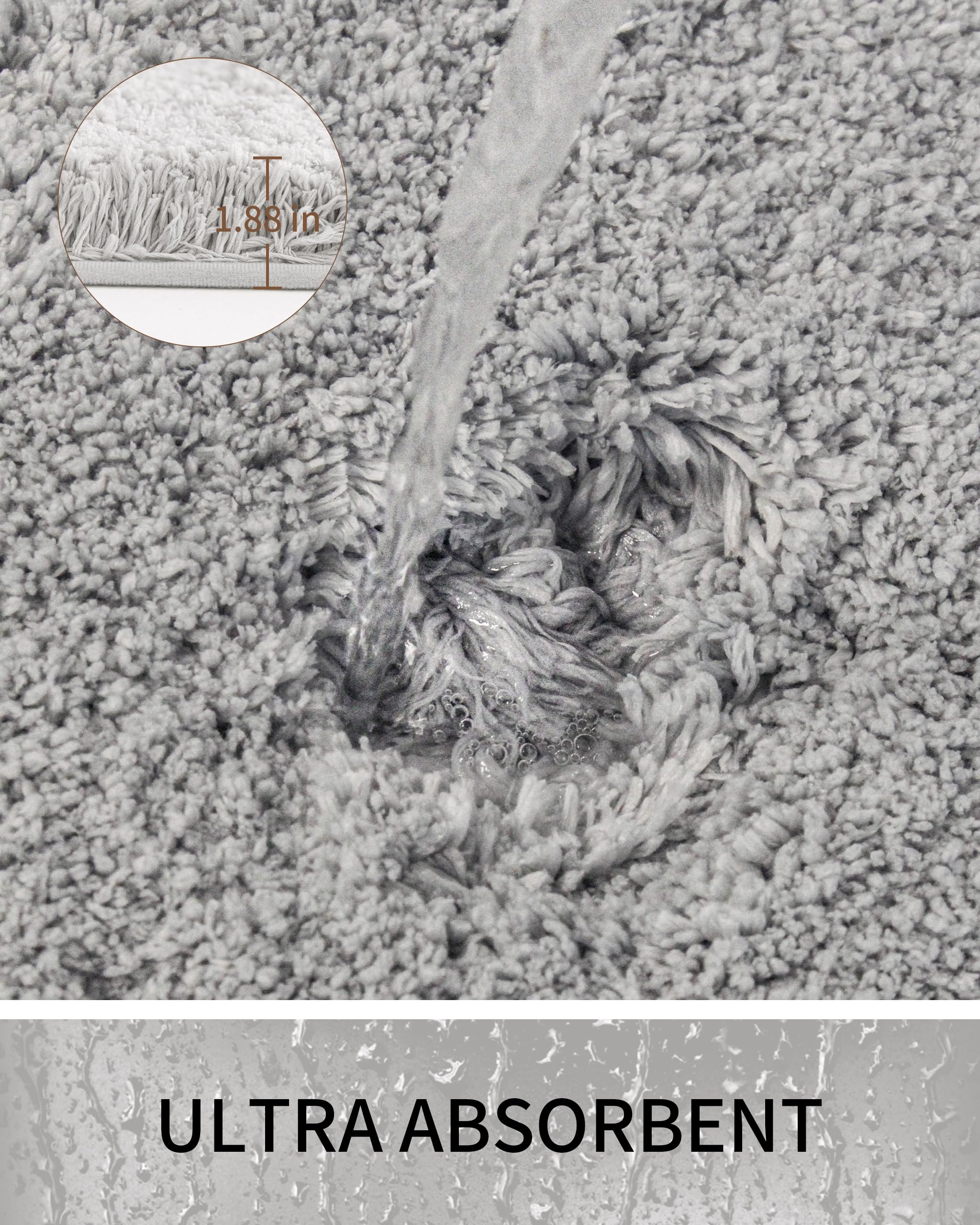 Luxuriöser Badezimmerteppich, grau, 50,8 x 81,3 cm, ultradick, flauschig, Mikrofaser, Badematte, rutschfest, saugfähig, waschbar, Trockenmatten für Badezimmer, Flool, Badteppich für
