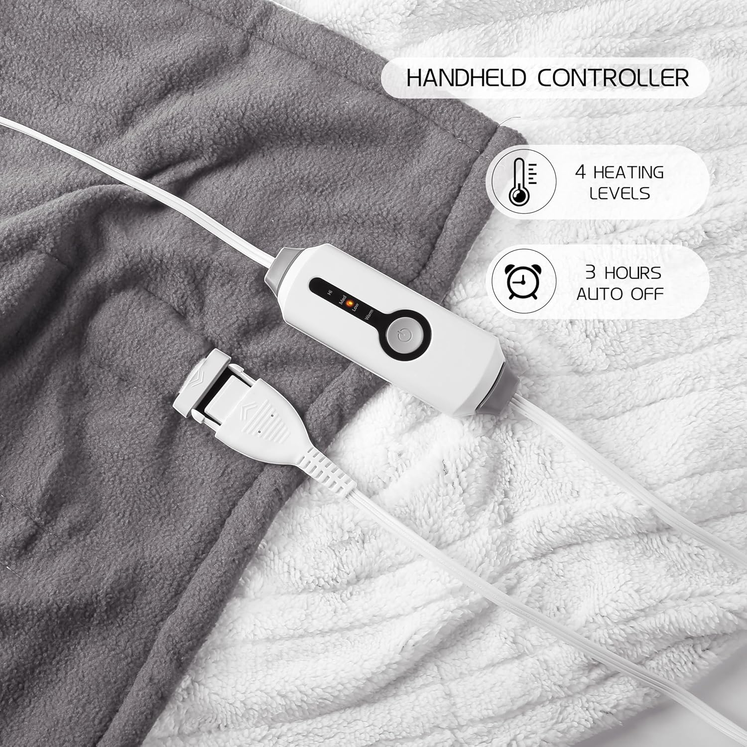 Heated Electric Throw Blanket 50" x 60" Size, Polar Fleece 4 Temperature Settings & 3 Hours Auto-Off Soft Fleece Cozy and Comfortable Machine Washable, Home Office Use - Light Grey