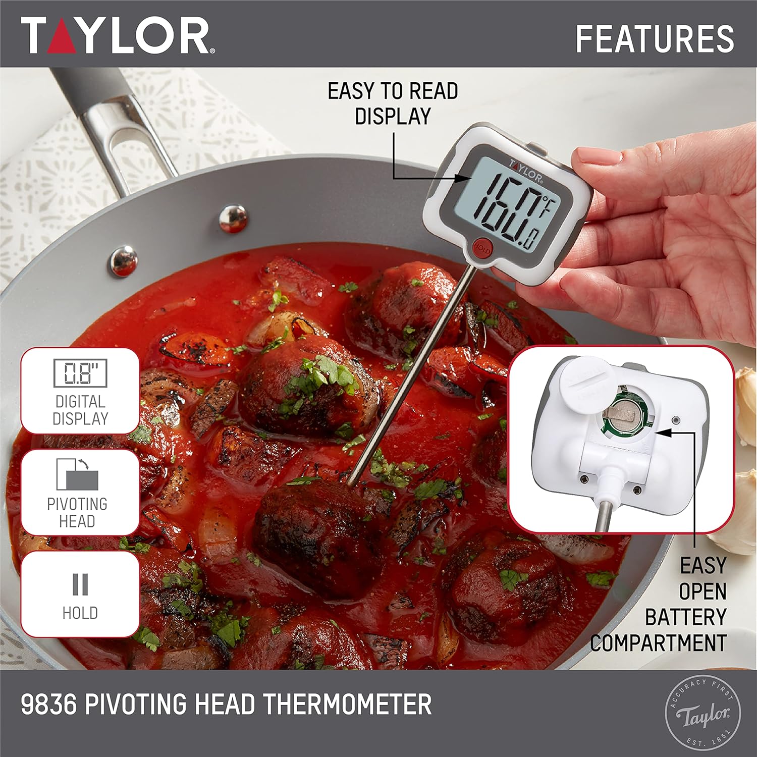 review Taylor Precision Products Pivoting Head Instant Read Digital Meat Food Grill BBQ Cooking Kitchen Thermometer with Protective Sleeve, Gray