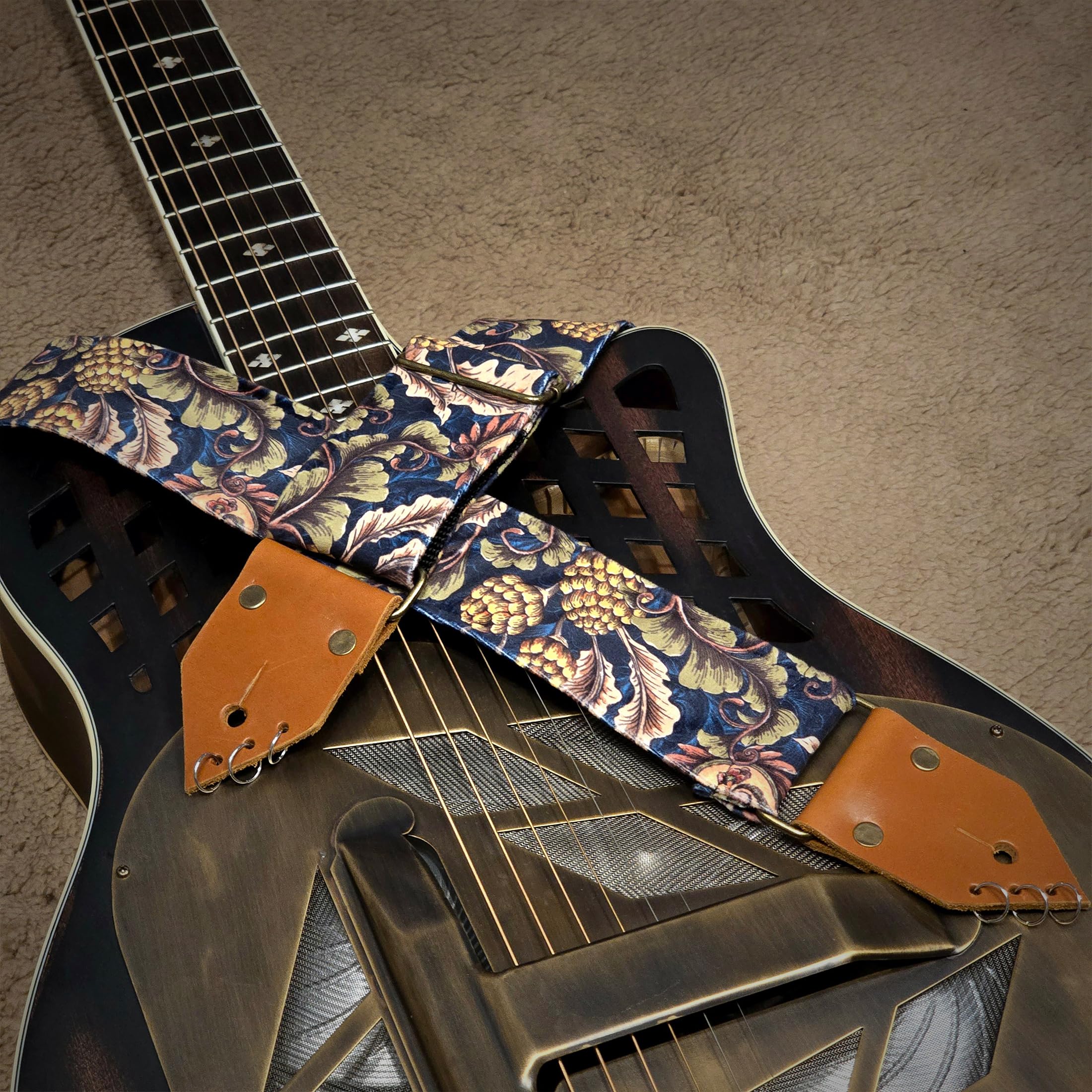 BigBo Vintage Gitarrengurt Retro Design mit Lederenden Velours, Blau & Braun Gitarrengurt