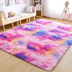 Fluffy Rug Lightweight 5x7 Feet, Deep Rainbow Tie-dye Unicorn Rugs for Girls Bedroom Cute Colorful Princess Rug