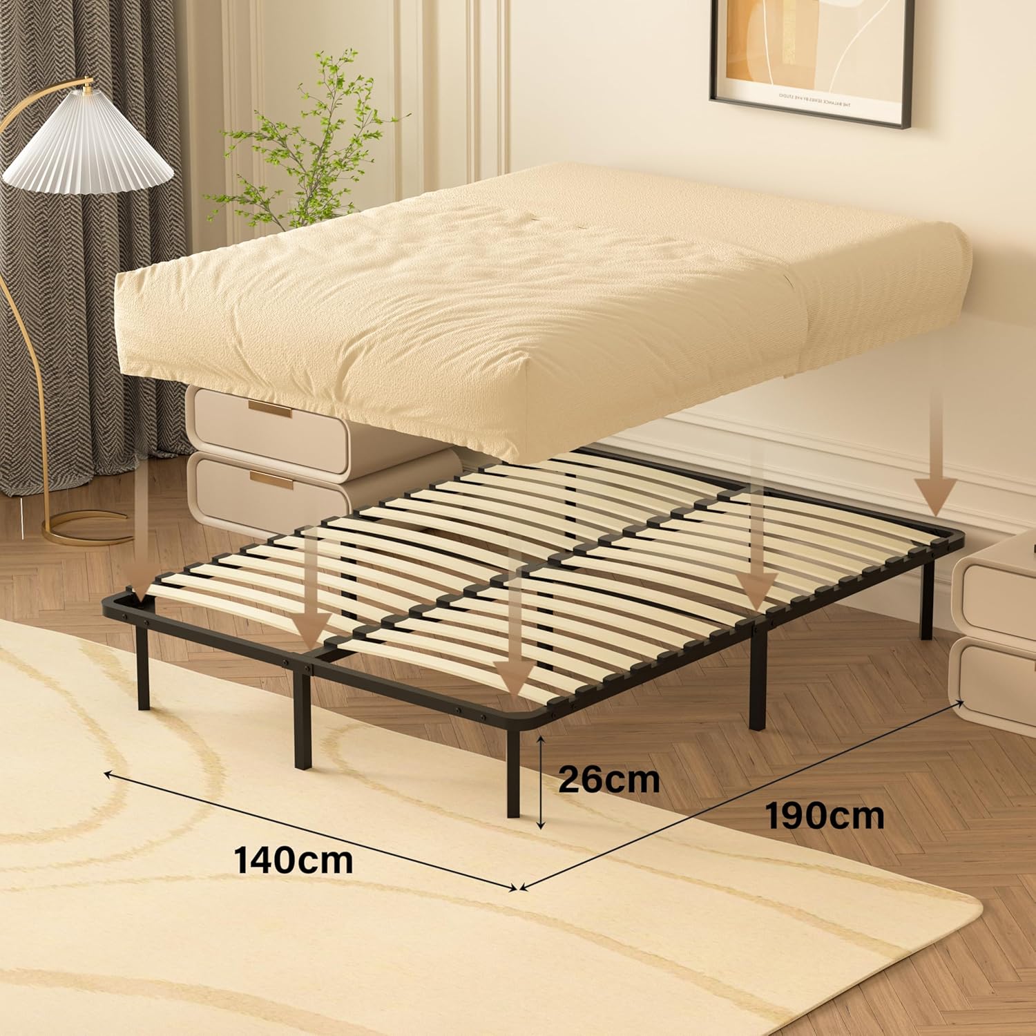 Diagram illustrating the dimensions of the DEWINNER 140x190cm bed base (140cm width, 190cm length, 26cm height) and how a mattress fits onto it.