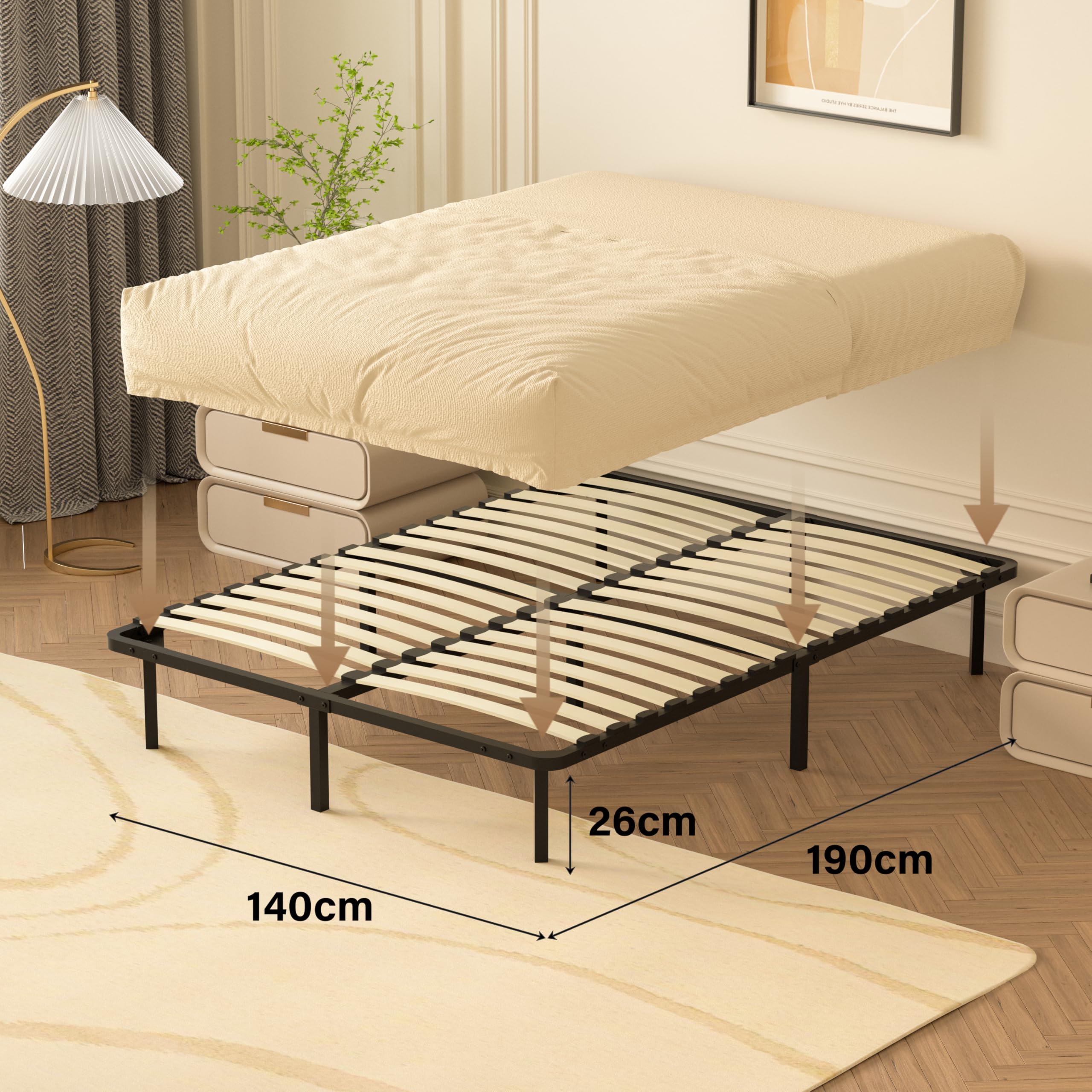 DEWINNER Sommier 140x190 | Sommiers à Lattes avec 9 Pieds pour Adulte | 2x16 Lattes | Cadre de Lit 140 x 190 avec Sommier | Hauteur du Cadre de Lit 29cm | Lit Deux Place (140x190-9 Pieds)