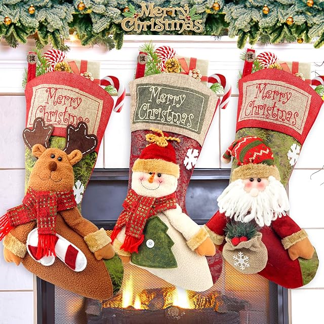COOLWUFAN Christmas Stockings, 3 Pack 18" Personalized Xmas Stockings with 3D Snowflake Santa, Snowman, Reindeer for Family Holiday Christmas Party Decorations