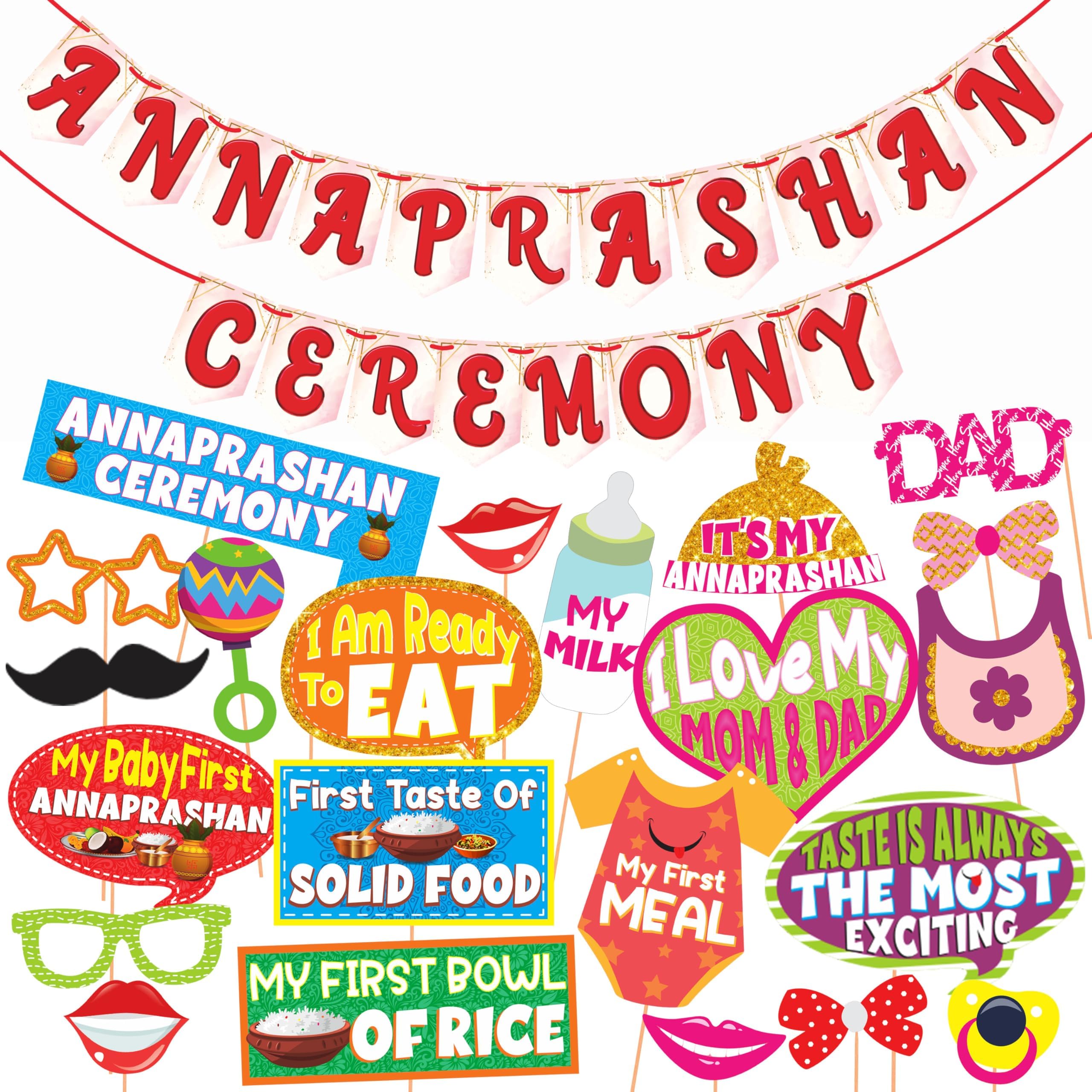 WOBBOX Annaprashan Photo Booth Party Props with Bunting Banner Annaprashan Ceremony Red & White Color, Annaprashan Decoration Item