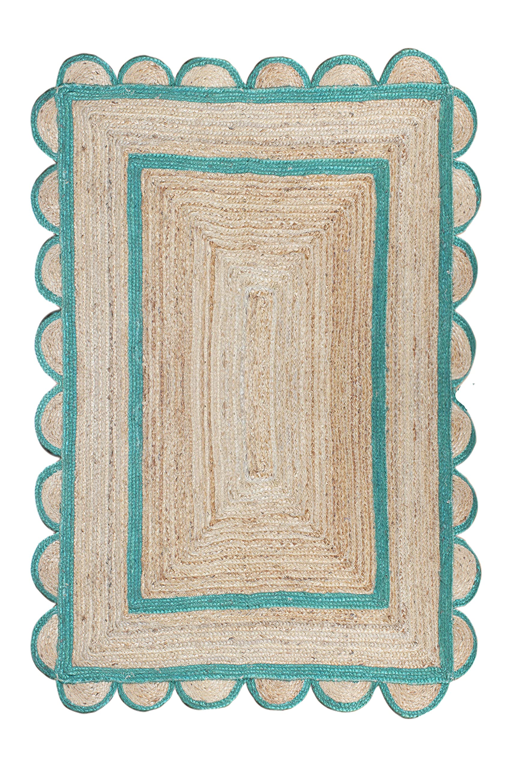 Tapis Kilim en jute bords festonnés 61x90cm vert et beige pour salon