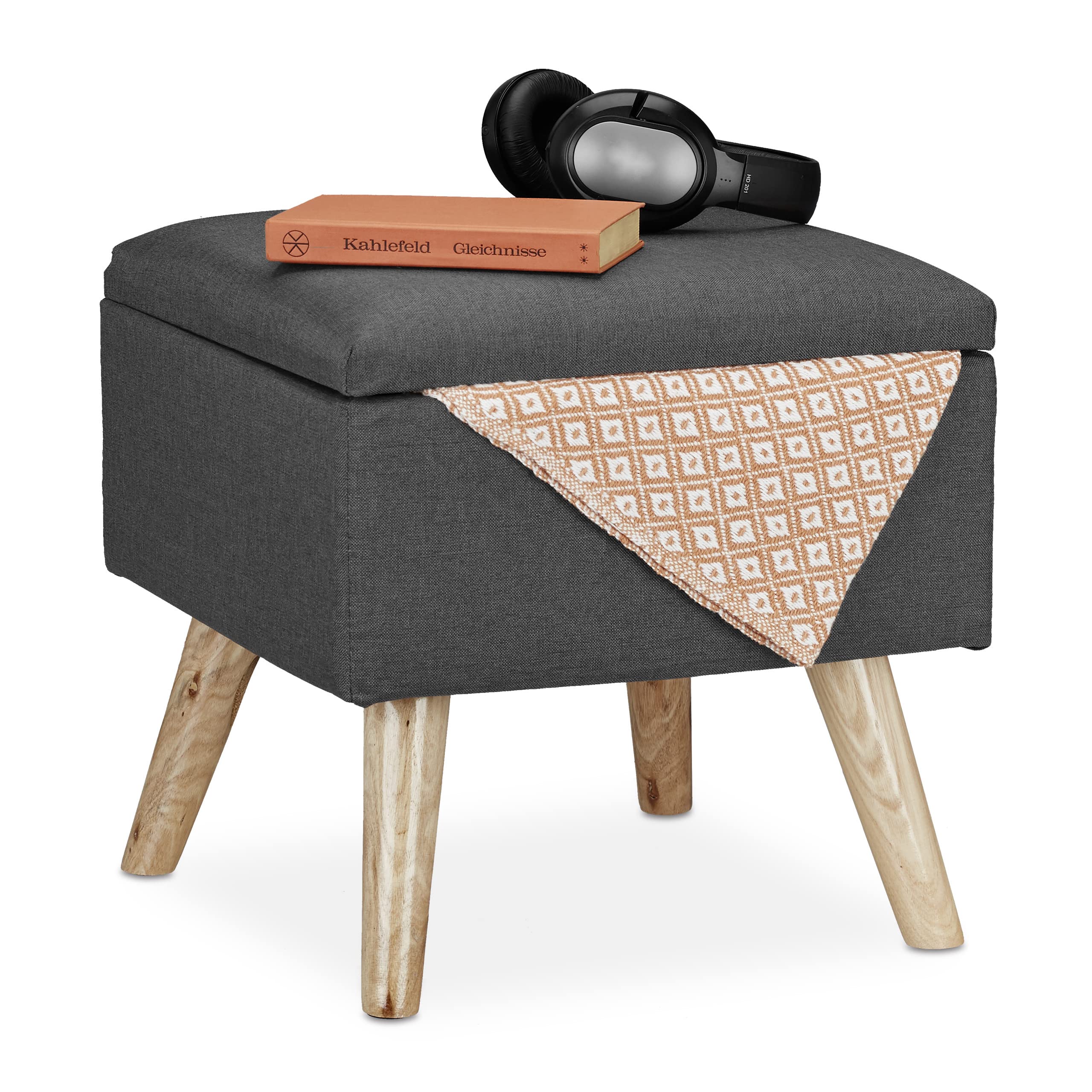 Relaxdays Hocker mit Stauraum, Kunstleinen-Bezug, gepolstert, Holzbeine, Fußhocker mit Deckel, HBT 40x40x40 cm, grau