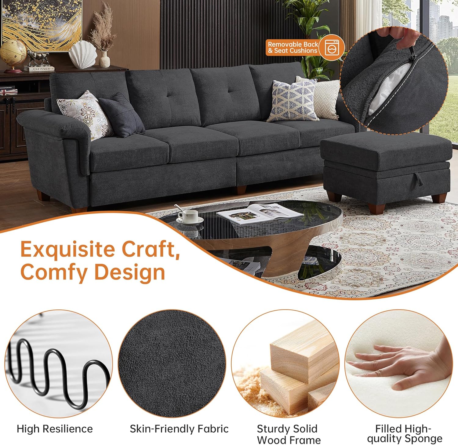 108" Sectional Sofa, Convertible L Shaped Sofa with Ottoman and Large Storage, 4 Seat Sectional Couch with Cup Holder, Couches for Living Room, Apartment, Office (Dark Grey)