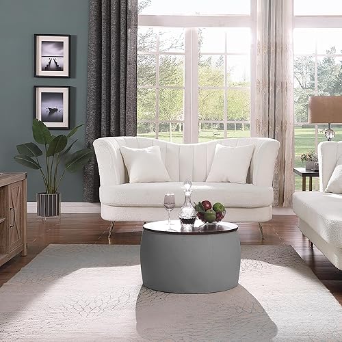 Miniatura 6 de Gangnamri Juego de otomana redonda de almacenamiento, mesa auxiliar 2 en 1 con cubierta de madera y otomana cuadrada para mesa auxiliar y reposapiés