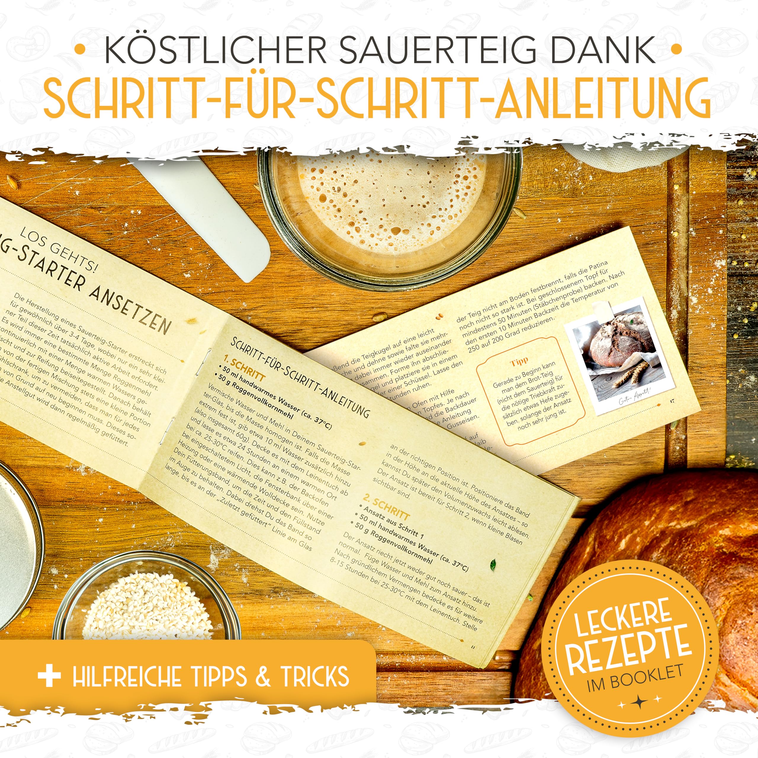 KRUSTENZAUBER Sauerteig Starter Set 2x 600ml Gärglas mit Spatel Thermometer Brot Backen Zubehör