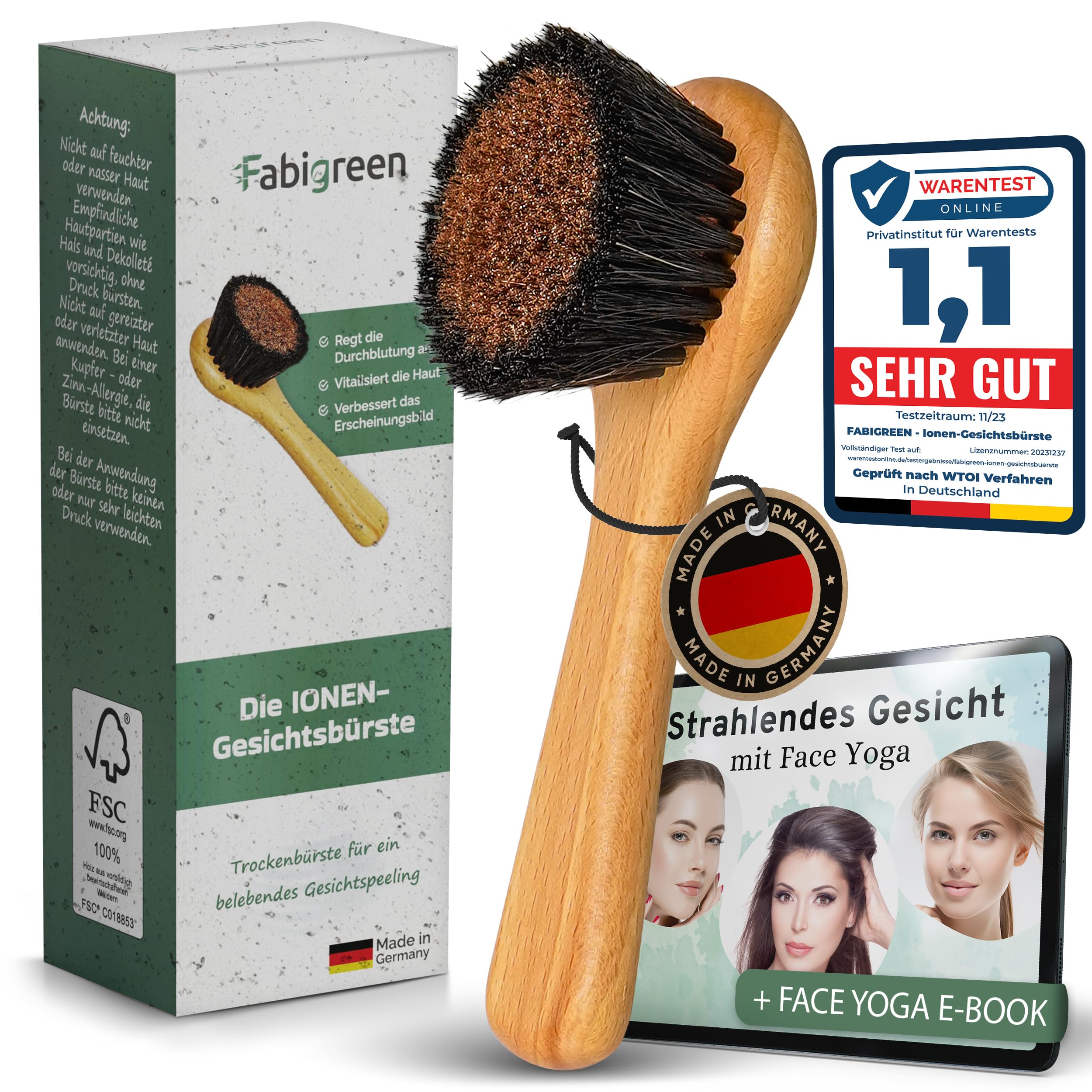 Gesichtsbürste Kupfer Original [MADE IN GERMANY] Peeling Trockenbürste Gesicht inkl. E-Book mit Face Yoga & Anwendungstipps Ionic face dry brush Klosterbürste FSC Buchenholz& plastikfrei