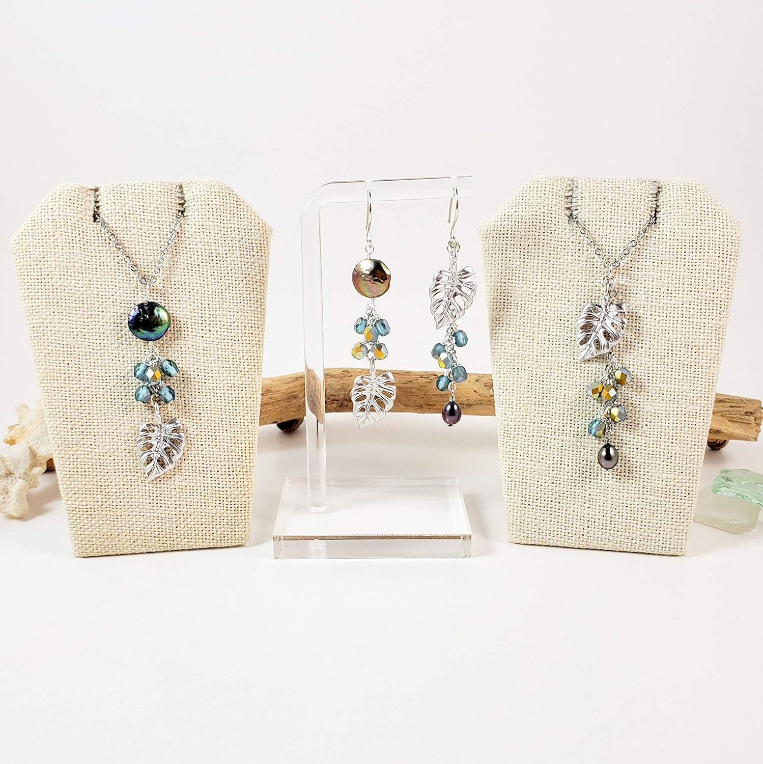 Monstera leaf black pearl and blue glass silver asymmetrical earrings-hypoallergenic for sensitive skin, Handmade in Hawaii Beach Jewelry